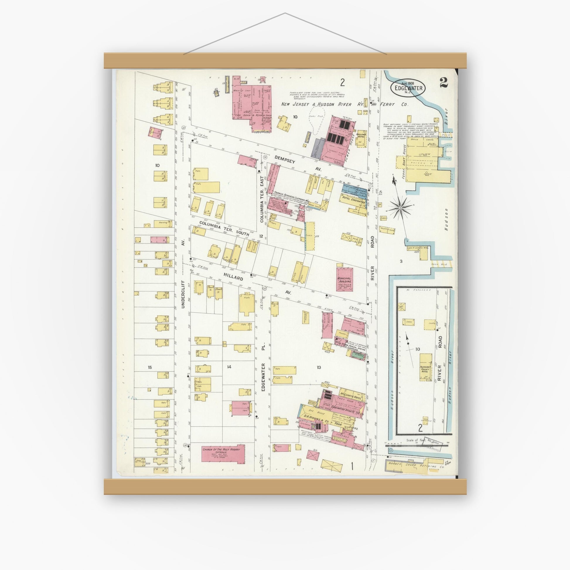 Old map wall art mockup — magnetic wood frame on white wall — Sanborn Fire Insurance Map from Edgewater, Bergen County, New Jersey (1908), Sheet #0002