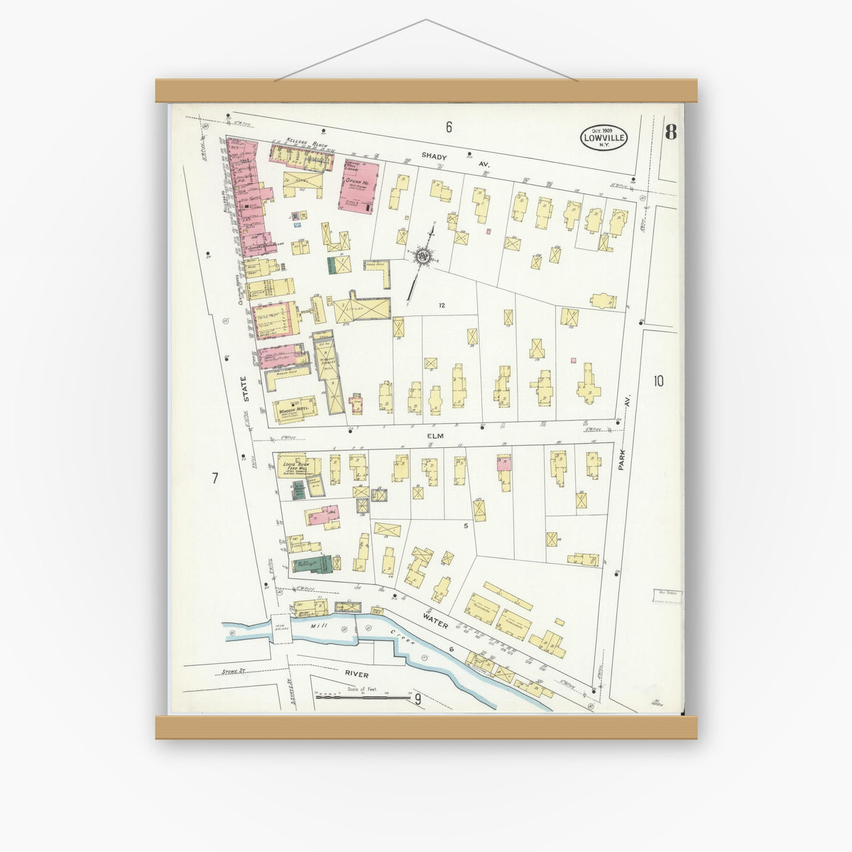 Old map wall art mockup — magnetic wood frame on white wall — Sanborn Fire Insurance Map from Lowville, Lewis County, New York (1909), Sheet #0008