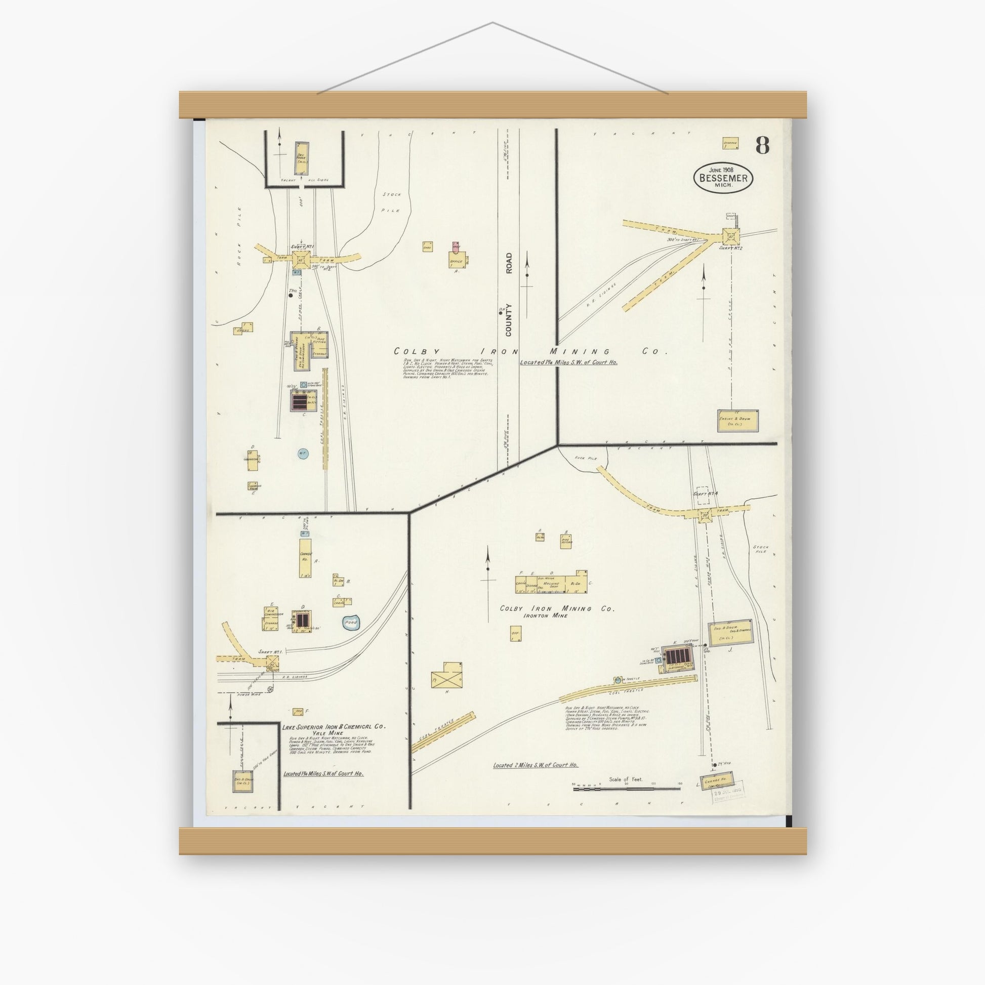 Old map wall art mockup — magnetic wood frame on white wall — Sanborn Fire Insurance Map from Bessemer, Gogebic County, Michigan (1908), Sheet #0008