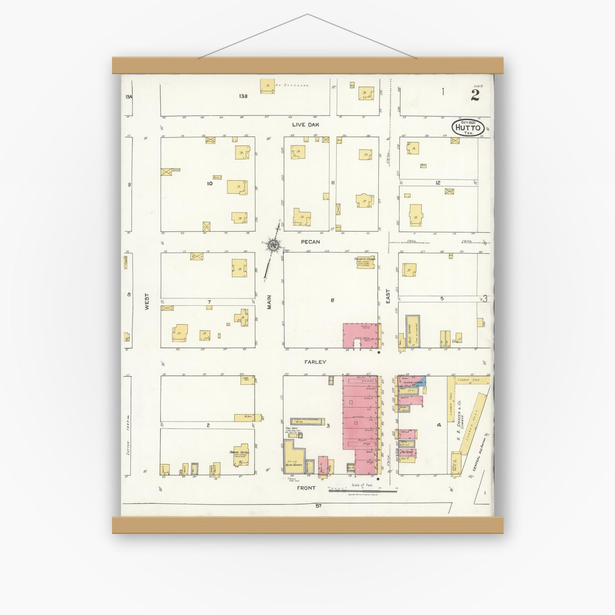 Old map wall art mockup — magnetic wood frame on white wall — Sanborn Fire Insurance Map from Hutto, Williamson County, Texas (1921), Sheet #0002