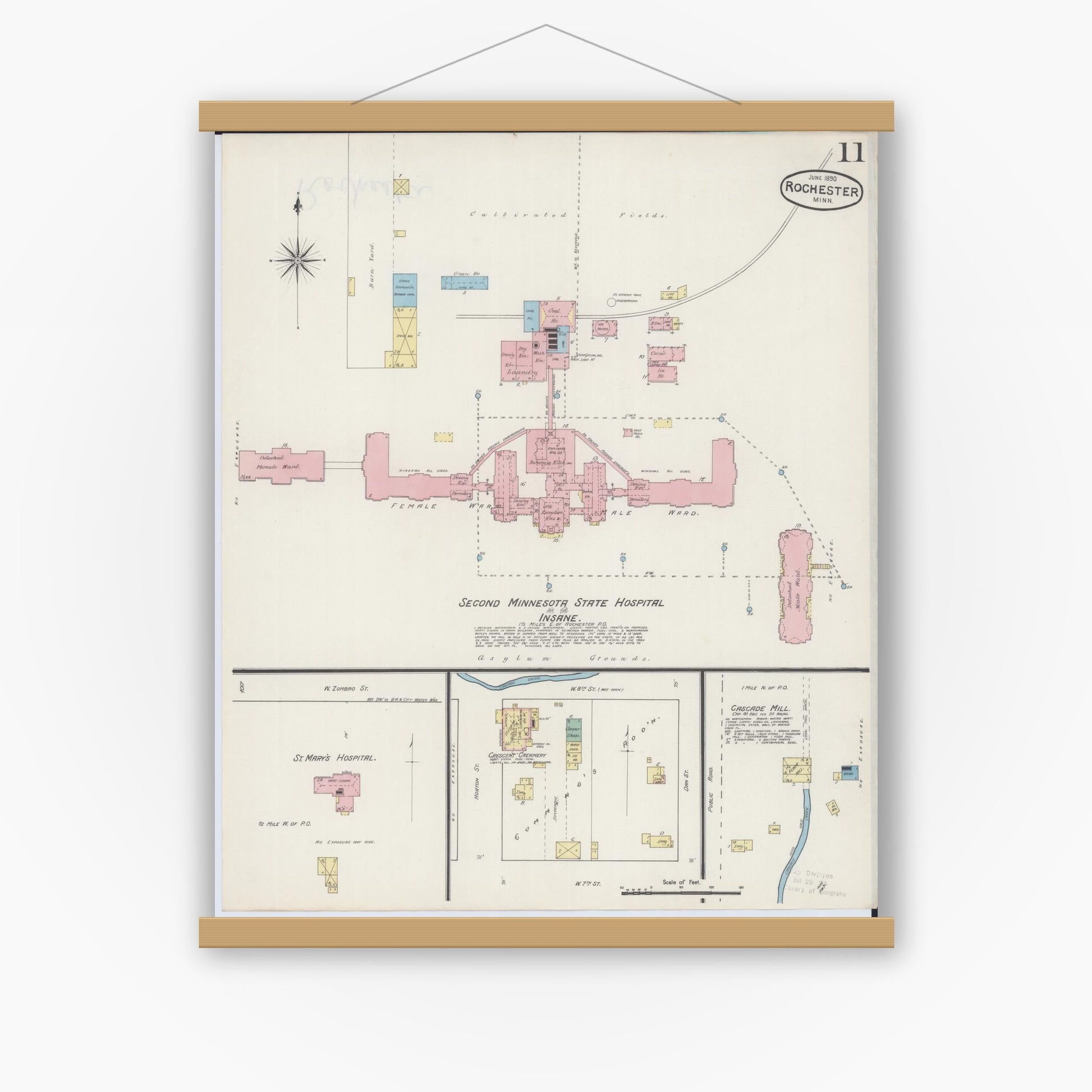 Old map wall art mockup — magnetic wood frame on white wall — Sanborn Fire Insurance Map from Rochester, Olmsted County, Minnesota (1890), Sheet #0011