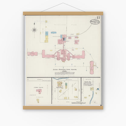 Old map wall art mockup — magnetic wood frame on white wall — Sanborn Fire Insurance Map from Rochester, Olmsted County, Minnesota (1890), Sheet #0011