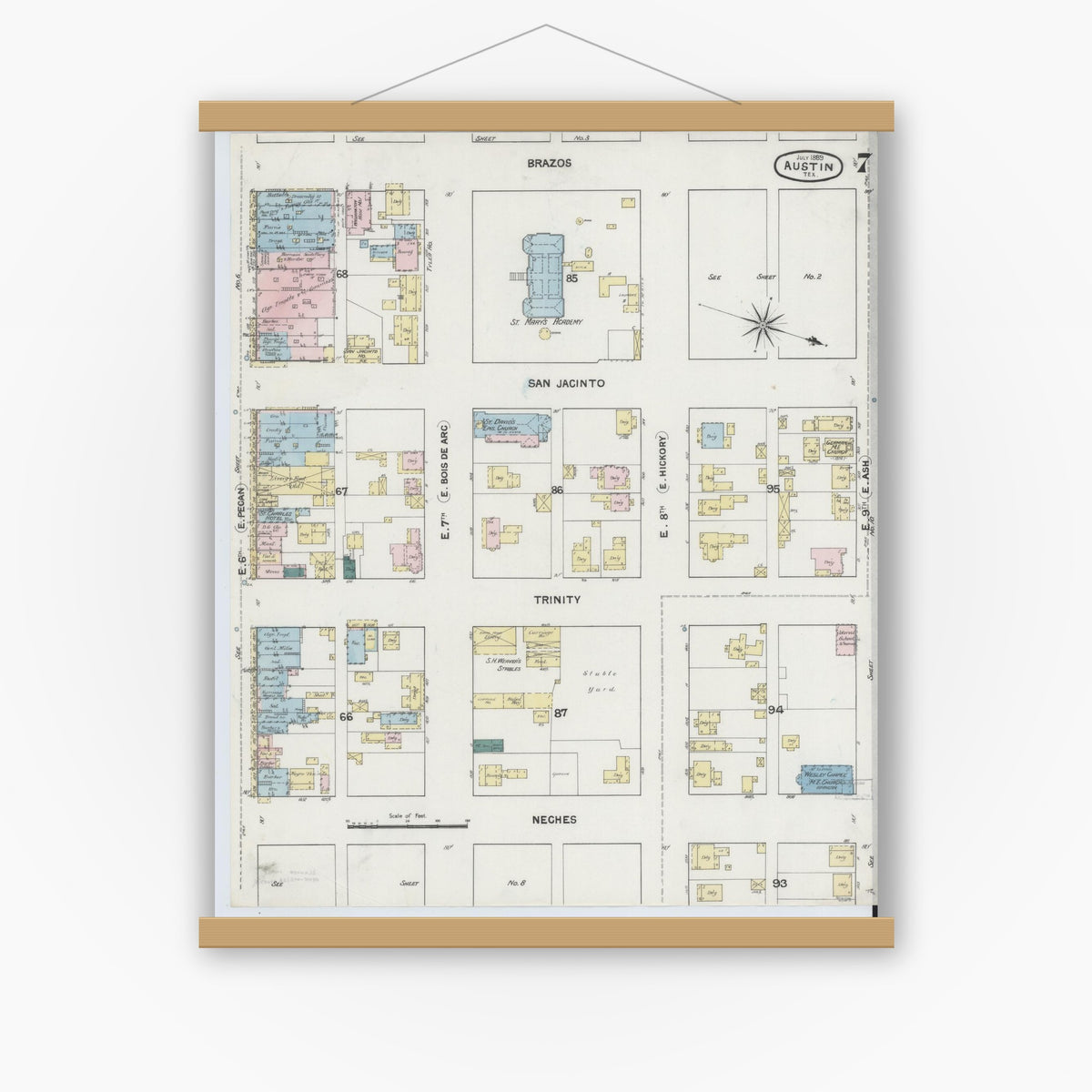 Old map wall art mockup — magnetic wood frame on white wall — Sanborn Fire Insurance Map from Austin, Travis County, Texas (1889), Sheet #0007