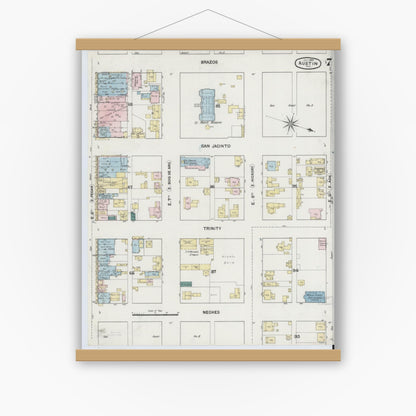 Old map wall art mockup — magnetic wood frame on white wall — Sanborn Fire Insurance Map from Austin, Travis County, Texas (1889), Sheet #0007