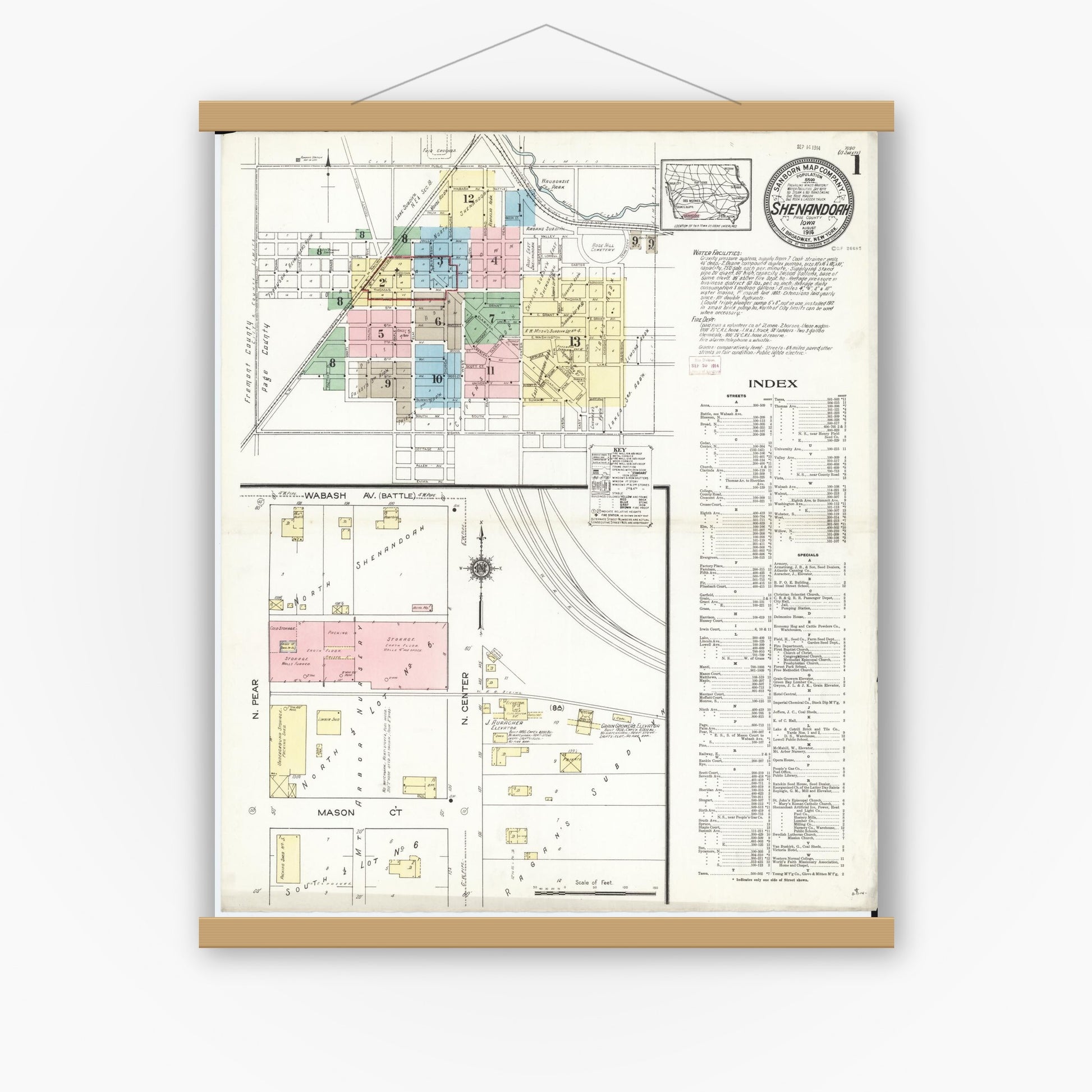 Old map wall art mockup — magnetic wood frame on white wall — Sanborn Fire Insurance Map from Shenandoah, Page County, Iowa (1914) â€” Complete Set