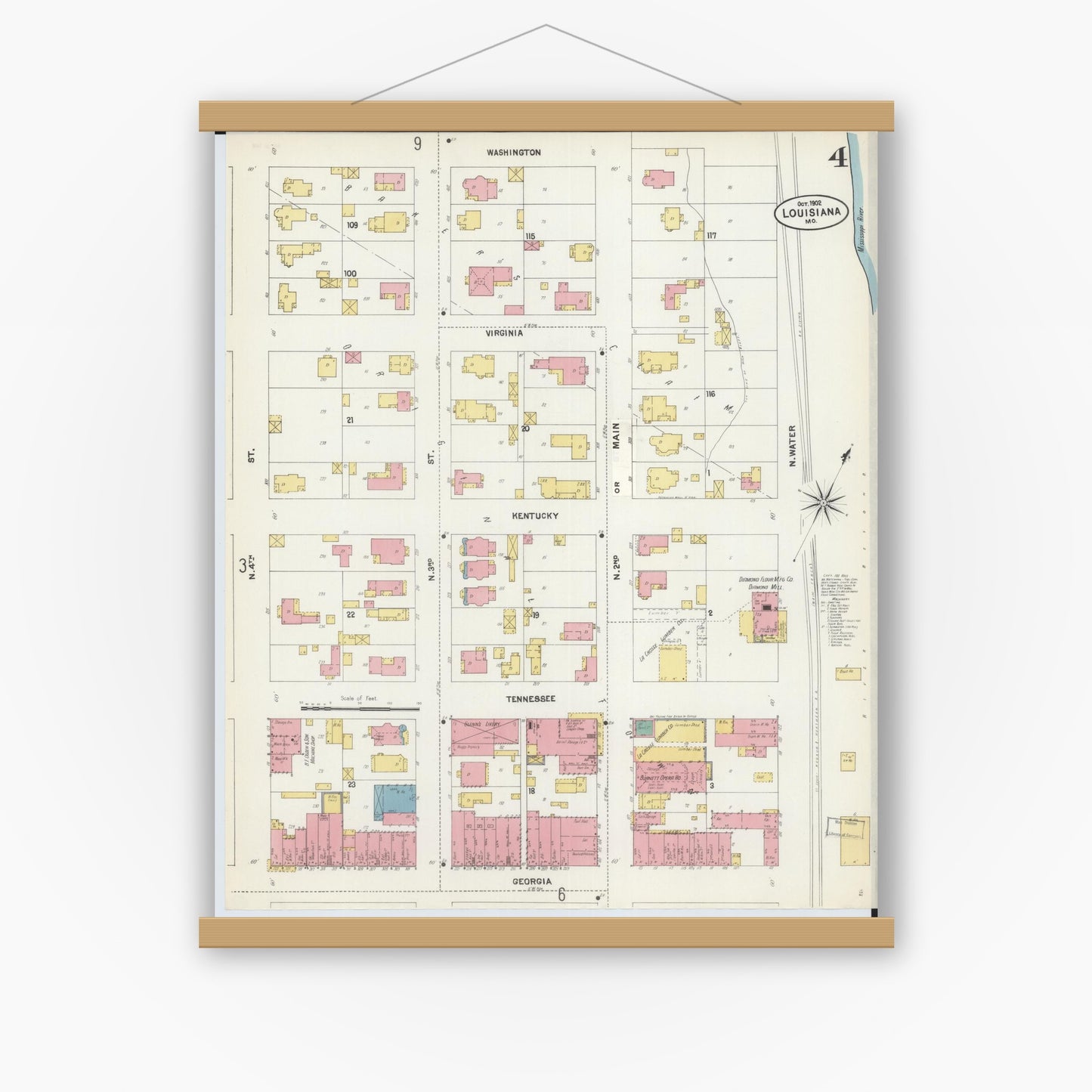 Old map wall art mockup — magnetic wood frame on white wall — Sanborn Fire Insurance Map from Louisiana, Pike County, Missouri (1902), Sheet #0004