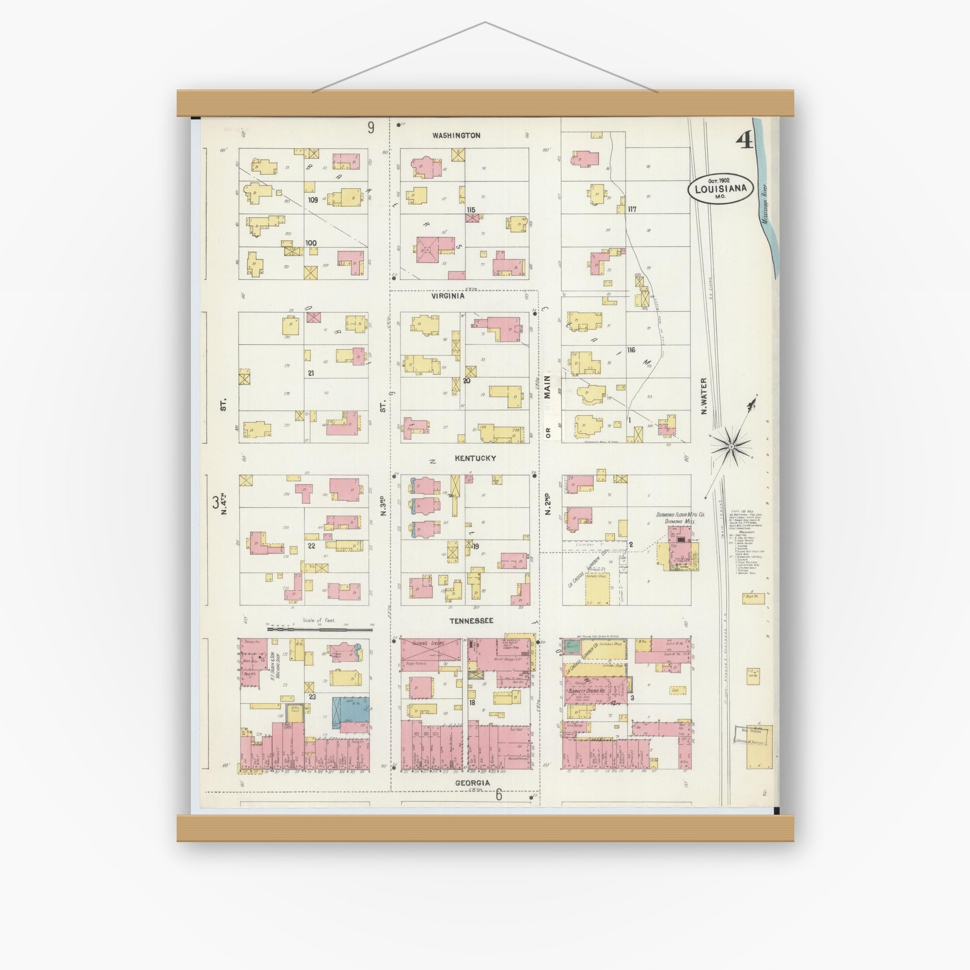 Old map wall art mockup — magnetic wood frame on white wall — Sanborn Fire Insurance Map from Louisiana, Pike County, Missouri (1902), Sheet #0004