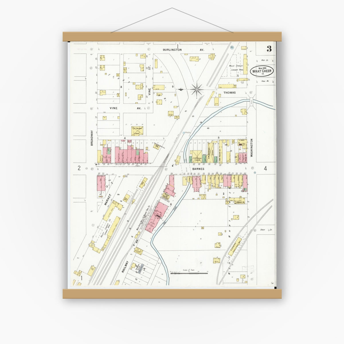 Old map wall art mockup — magnetic wood frame on white wall — Sanborn Fire Insurance Map from What Cheer, Keokuk County, Iowa (1899), Sheet #0003