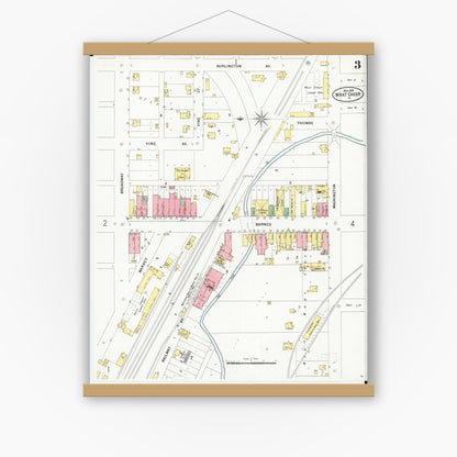 Old map wall art mockup — magnetic wood frame on white wall — Sanborn Fire Insurance Map from What Cheer, Keokuk County, Iowa (1899), Sheet #0003