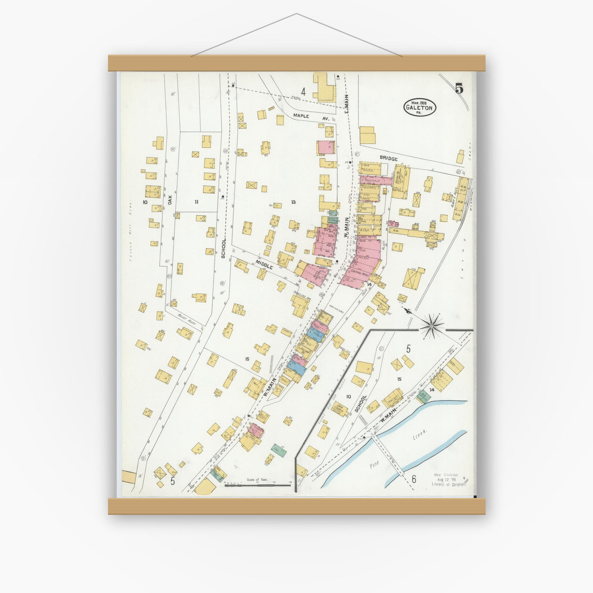 Old map wall art mockup — magnetic wood frame on white wall — Sanborn Fire Insurance Map from Galeton, Potter County, Pennsylvania (1905), Sheet #0005