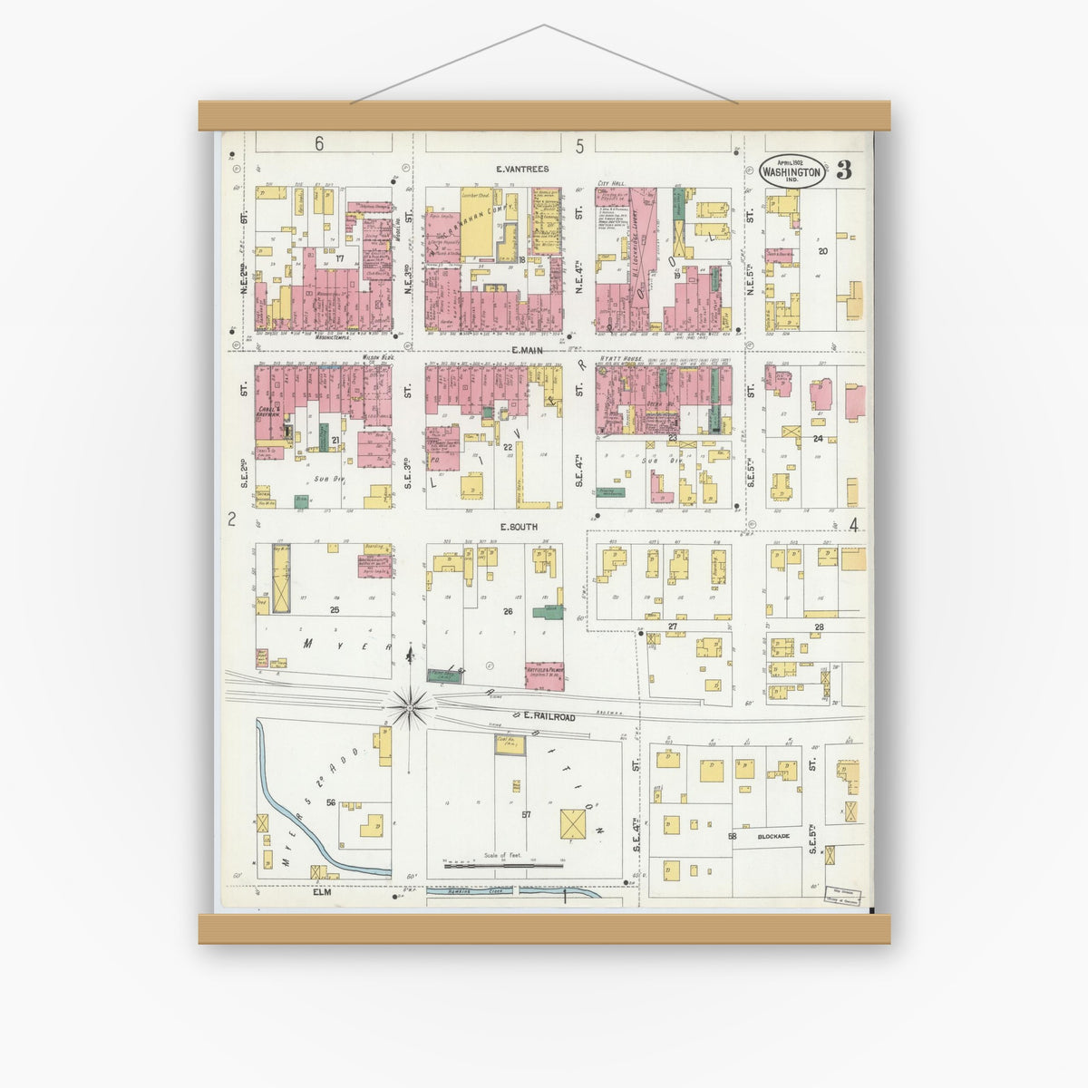 Old map wall art mockup — magnetic wood frame on white wall — Sanborn Fire Insurance Map from Washington, Daviess County, Indiana (1902), Sheet #0003