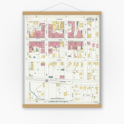 Old map wall art mockup — magnetic wood frame on white wall — Sanborn Fire Insurance Map from Washington, Daviess County, Indiana (1902), Sheet #0003