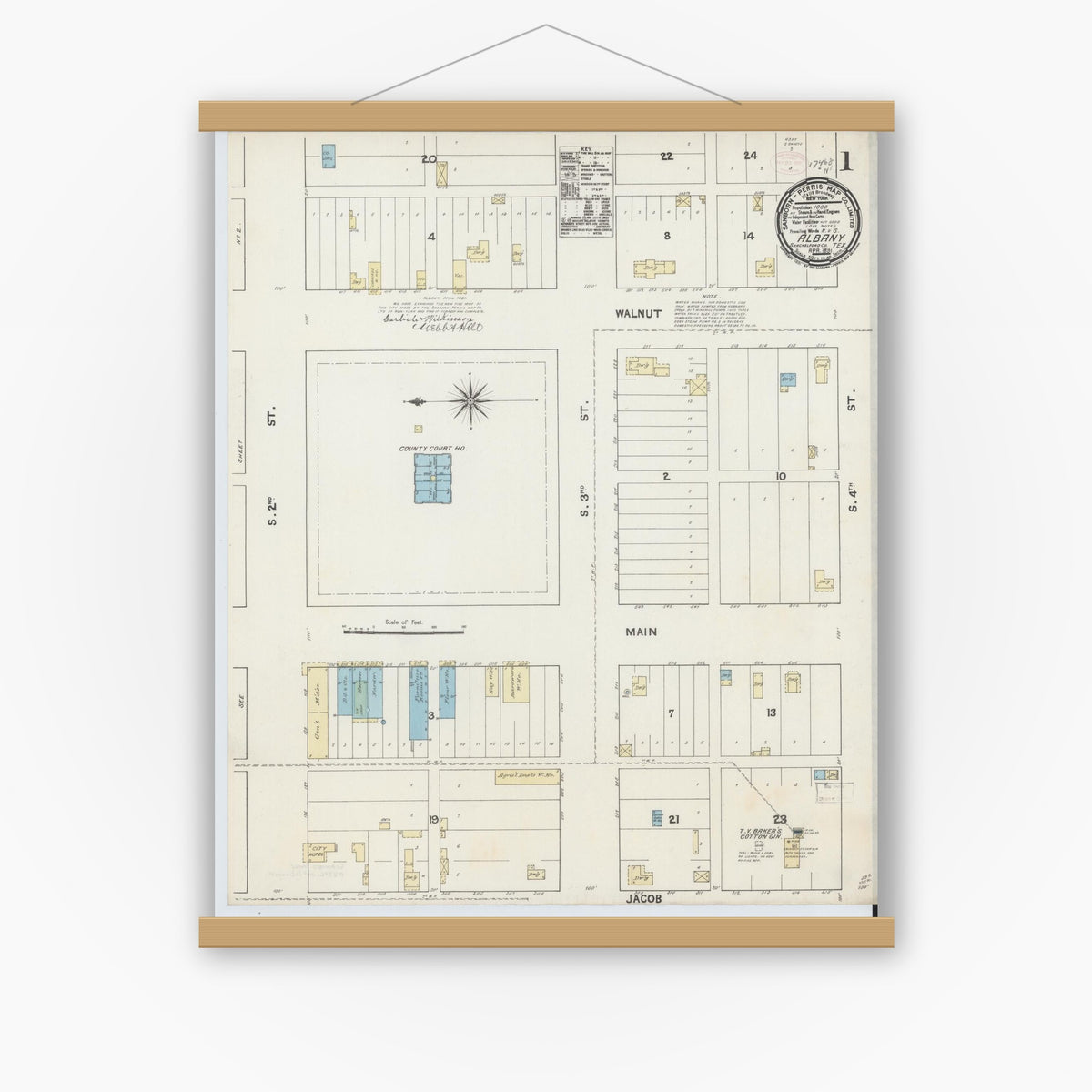 Old map wall art mockup — magnetic wood frame on white wall — Sanborn Fire Insurance Map from Albany, Shackelford County, Texas (1891), Sheet #0001