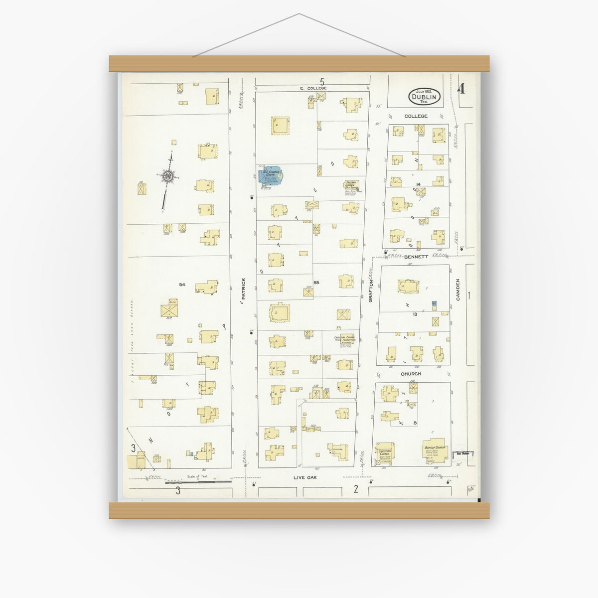 Old map wall art mockup — magnetic wood frame on white wall — Sanborn Fire Insurance Map from Dublin, Erath County, Texas (1912), Sheet #0004