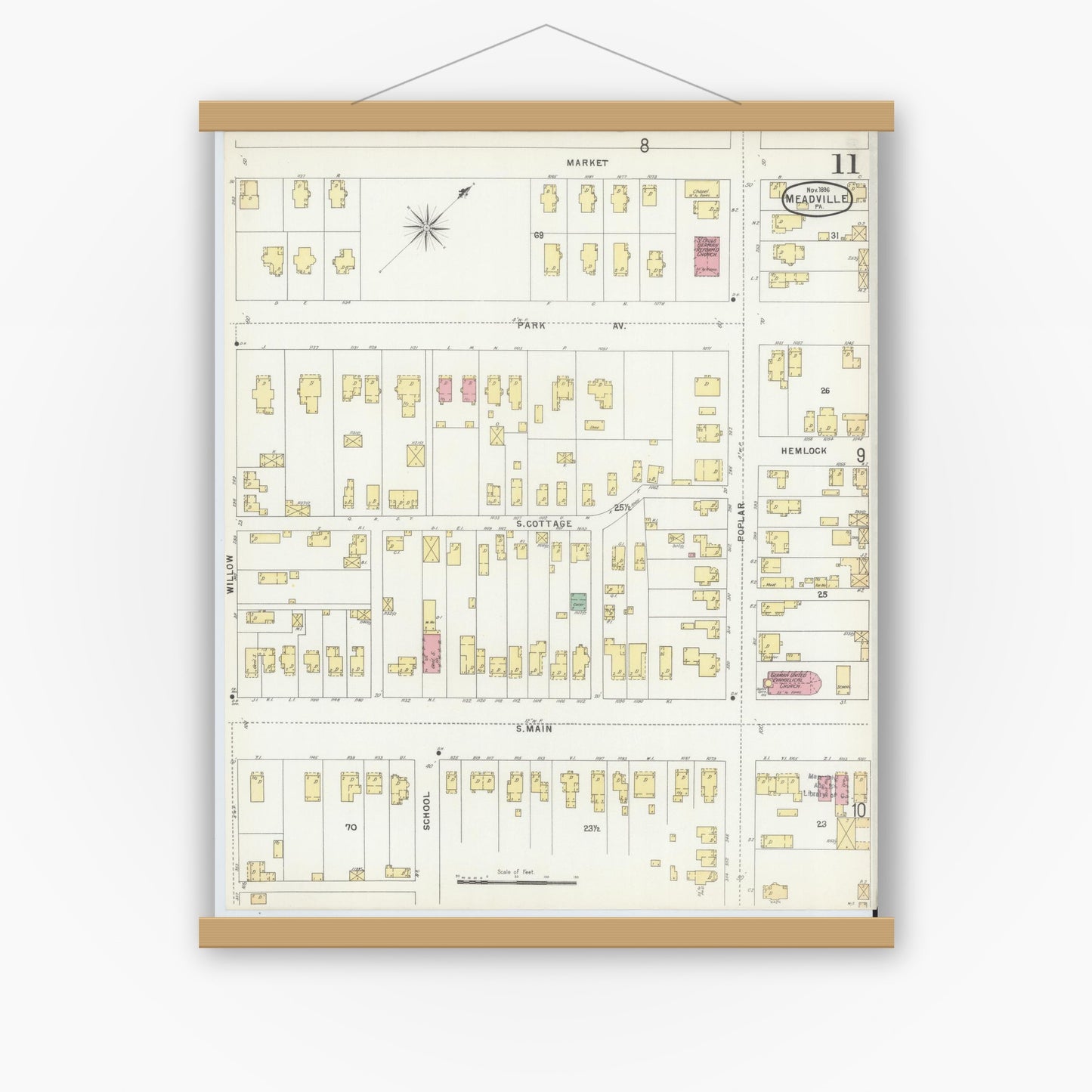 Old map wall art mockup — magnetic wood frame on white wall — Sanborn Fire Insurance Map from Meadville, Crawford County, Pennsylvania (1896), Sheet #0011