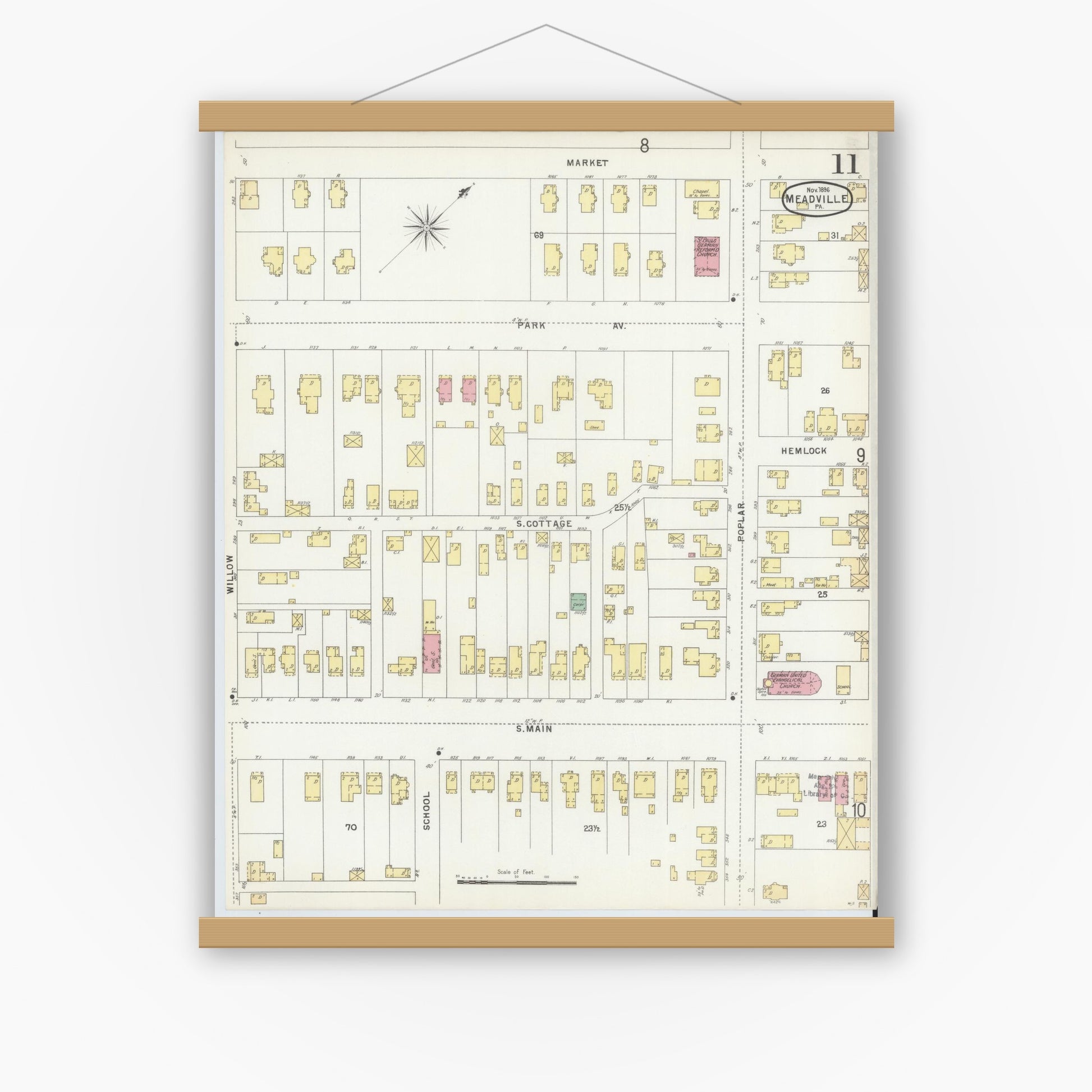 Old map wall art mockup — magnetic wood frame on white wall — Sanborn Fire Insurance Map from Meadville, Crawford County, Pennsylvania (1896), Sheet #0011