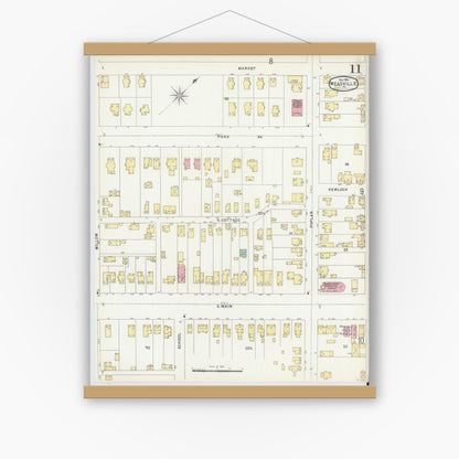 Old map wall art mockup — magnetic wood frame on white wall — Sanborn Fire Insurance Map from Meadville, Crawford County, Pennsylvania (1896), Sheet #0011