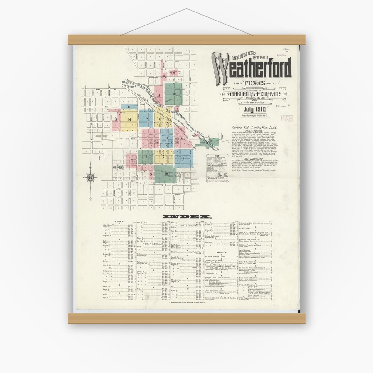 Old map wall art mockup — magnetic wood frame on white wall — Sanborn Fire Insurance Map from Weatherford, Parker County, Texas (1910) - Complete Map Set