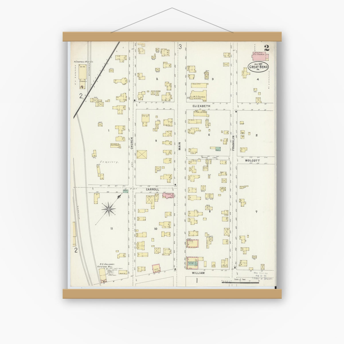 Old map wall art mockup — magnetic wood frame on white wall — Sanborn Fire Insurance Map from Great Bend, Susquehanna County, Pennsylvania (1897), Sheet #0002