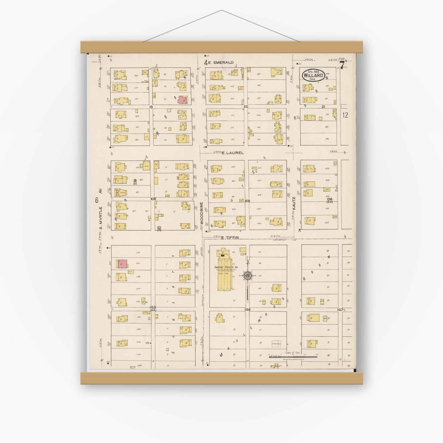 Old map wall art mockup — magnetic wood frame on white wall — Sanborn Fire Insurance Map from Willard, Huron County, Ohio (1922), Sheet #0007