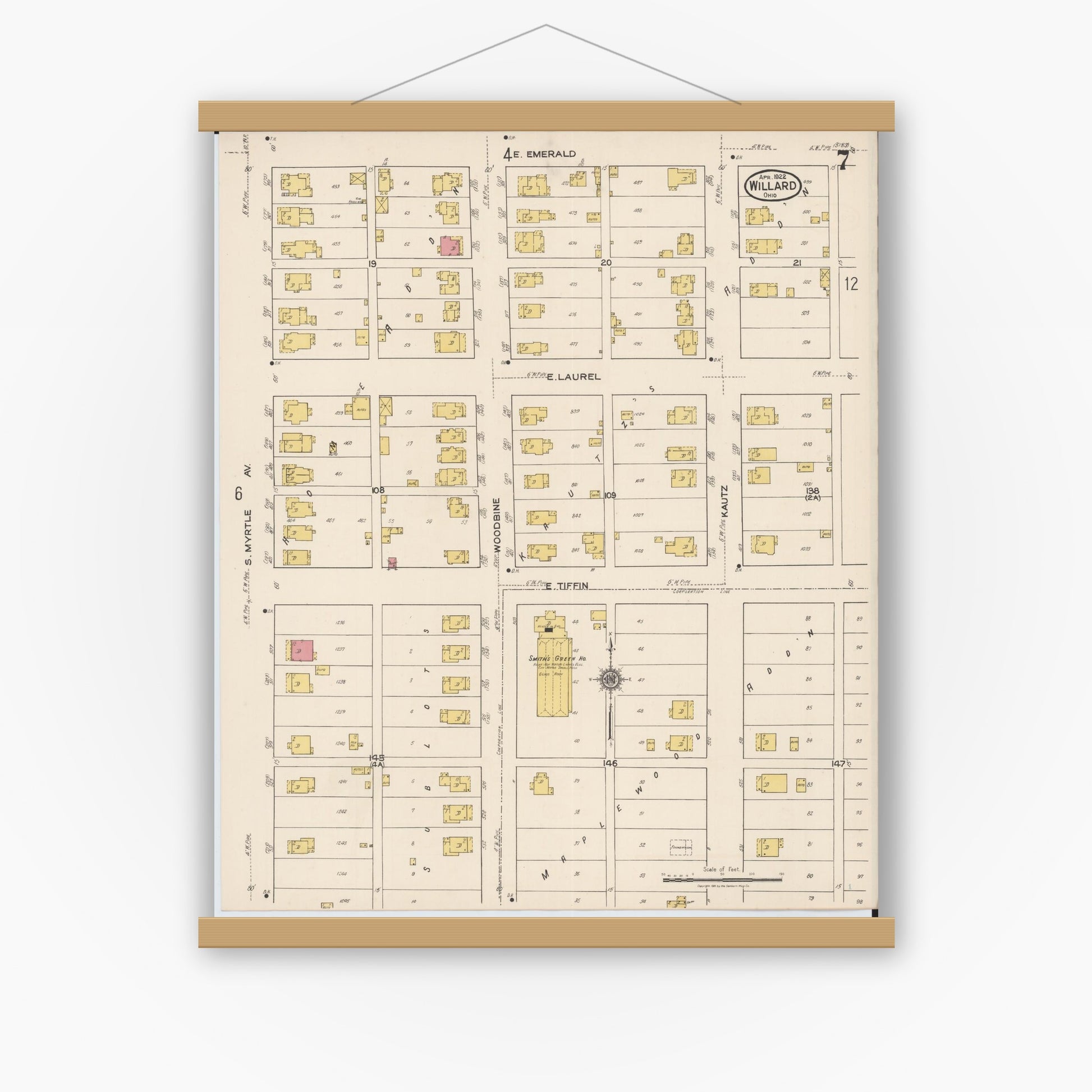Old map wall art mockup — magnetic wood frame on white wall — Sanborn Fire Insurance Map from Willard, Huron County, Ohio (1922), Sheet #0007