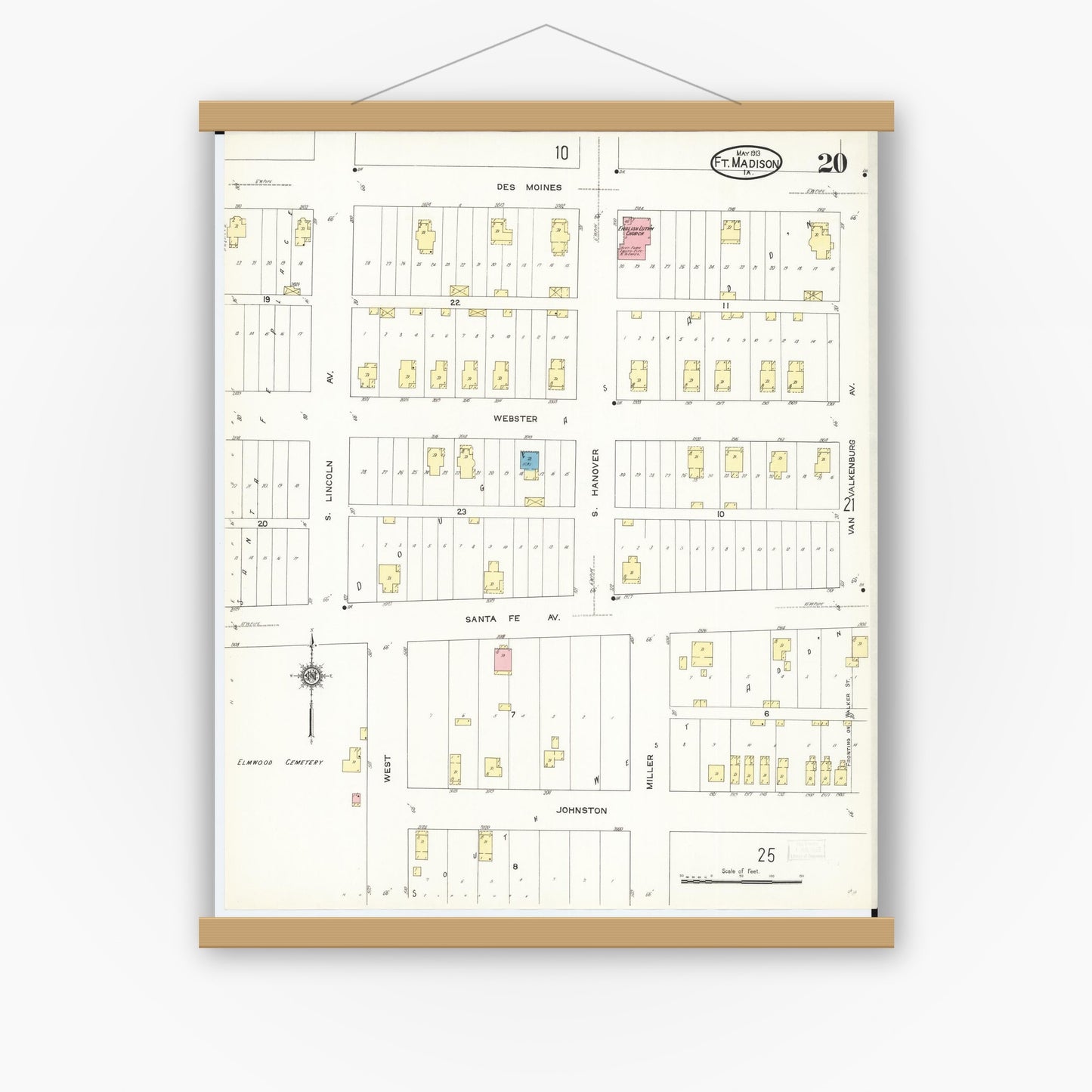 Old map wall art mockup — magnetic wood frame on white wall — Sanborn Fire Insurance Map from Fort Madison, Lee County, Iowa (1913), Sheet #0020