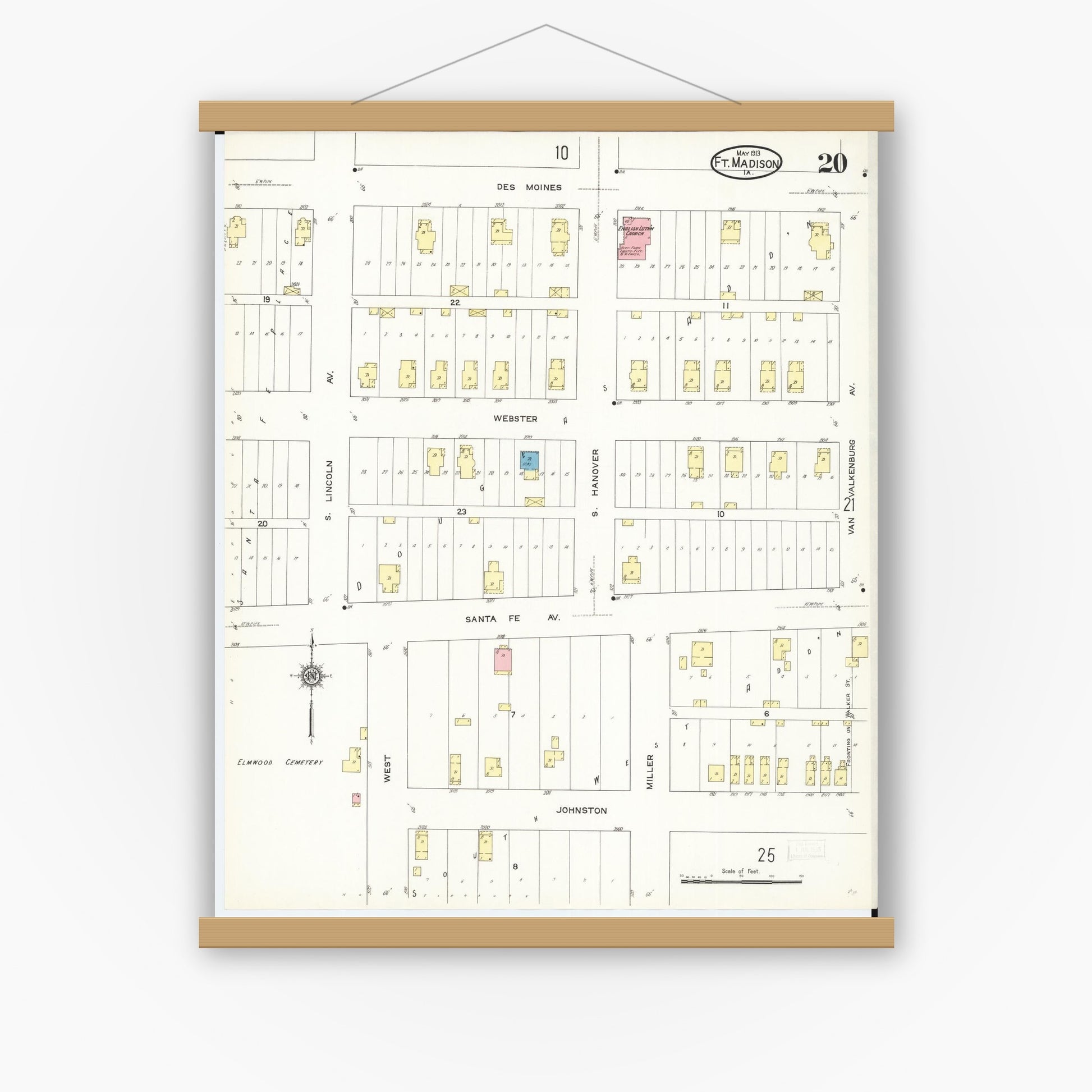 Old map wall art mockup — magnetic wood frame on white wall — Sanborn Fire Insurance Map from Fort Madison, Lee County, Iowa (1913), Sheet #0020
