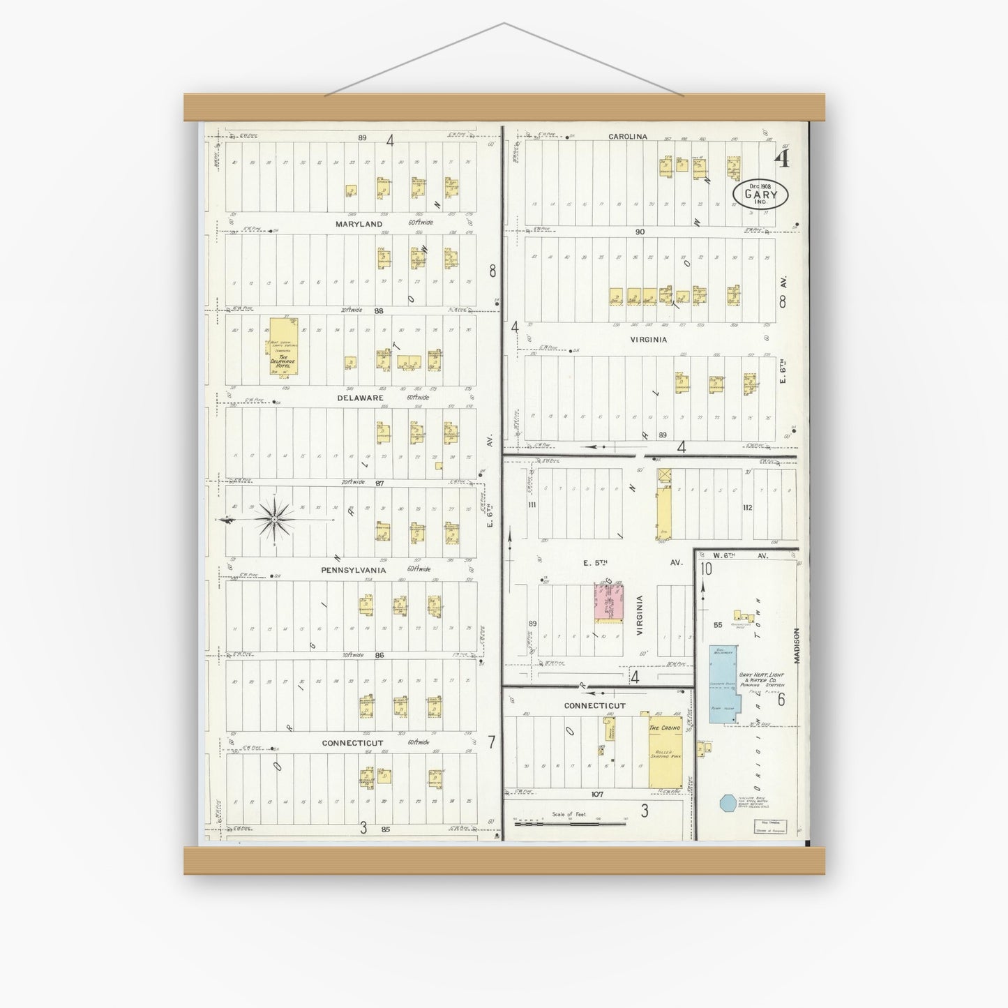 Old map wall art mockup — magnetic wood frame on white wall — Sanborn Fire Insurance Map from Gary, Lake County, Indiana (1908), Sheet #0004