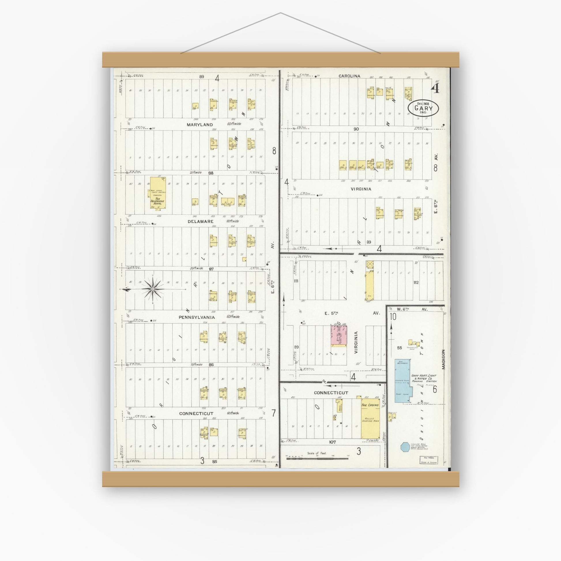 Old map wall art mockup — magnetic wood frame on white wall — Sanborn Fire Insurance Map from Gary, Lake County, Indiana (1908), Sheet #0004