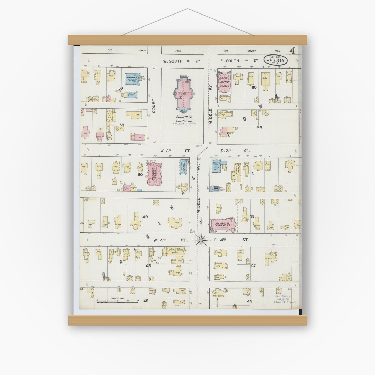 Old map wall art mockup — magnetic wood frame on white wall — Sanborn Fire Insurance Map from Elyria, Lorain County, Ohio (1888), Sheet #0004