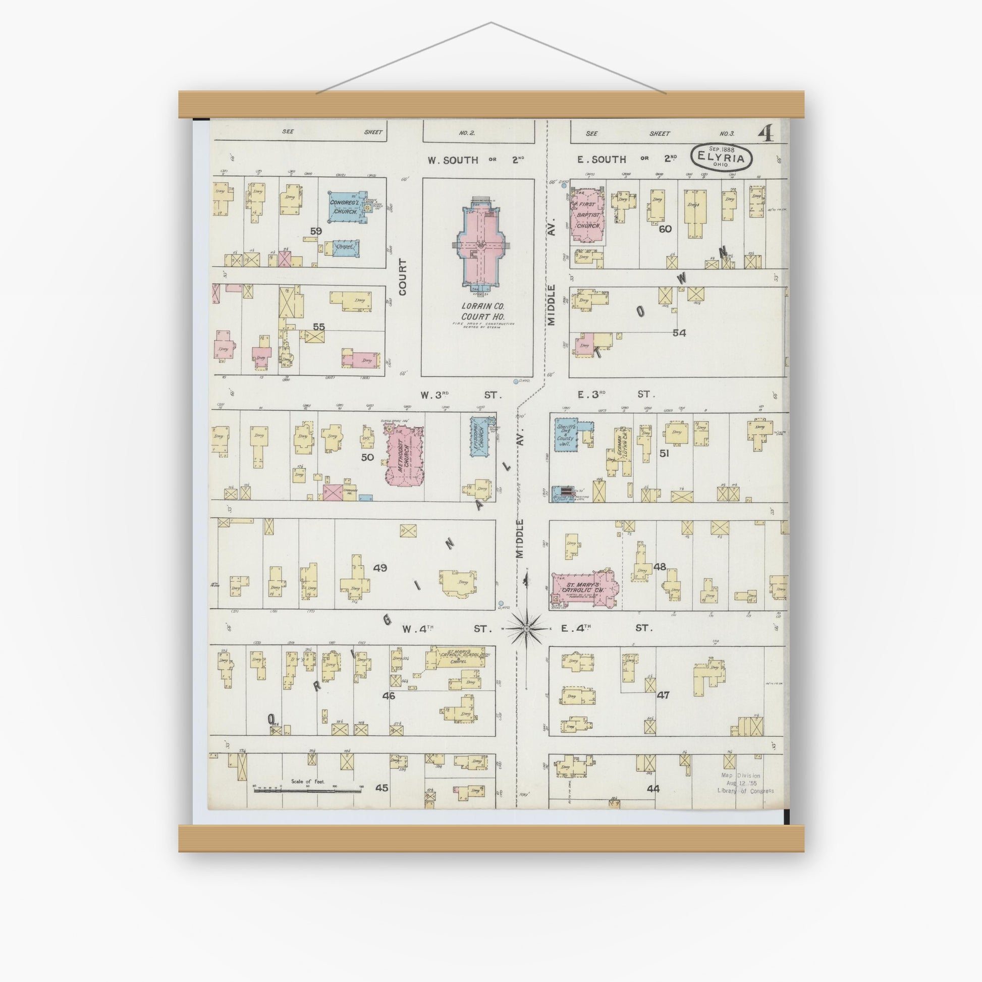 Old map wall art mockup — magnetic wood frame on white wall — Sanborn Fire Insurance Map from Elyria, Lorain County, Ohio (1888), Sheet #0004