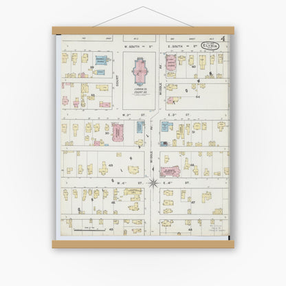 Old map wall art mockup — magnetic wood frame on white wall — Sanborn Fire Insurance Map from Elyria, Lorain County, Ohio (1888), Sheet #0004