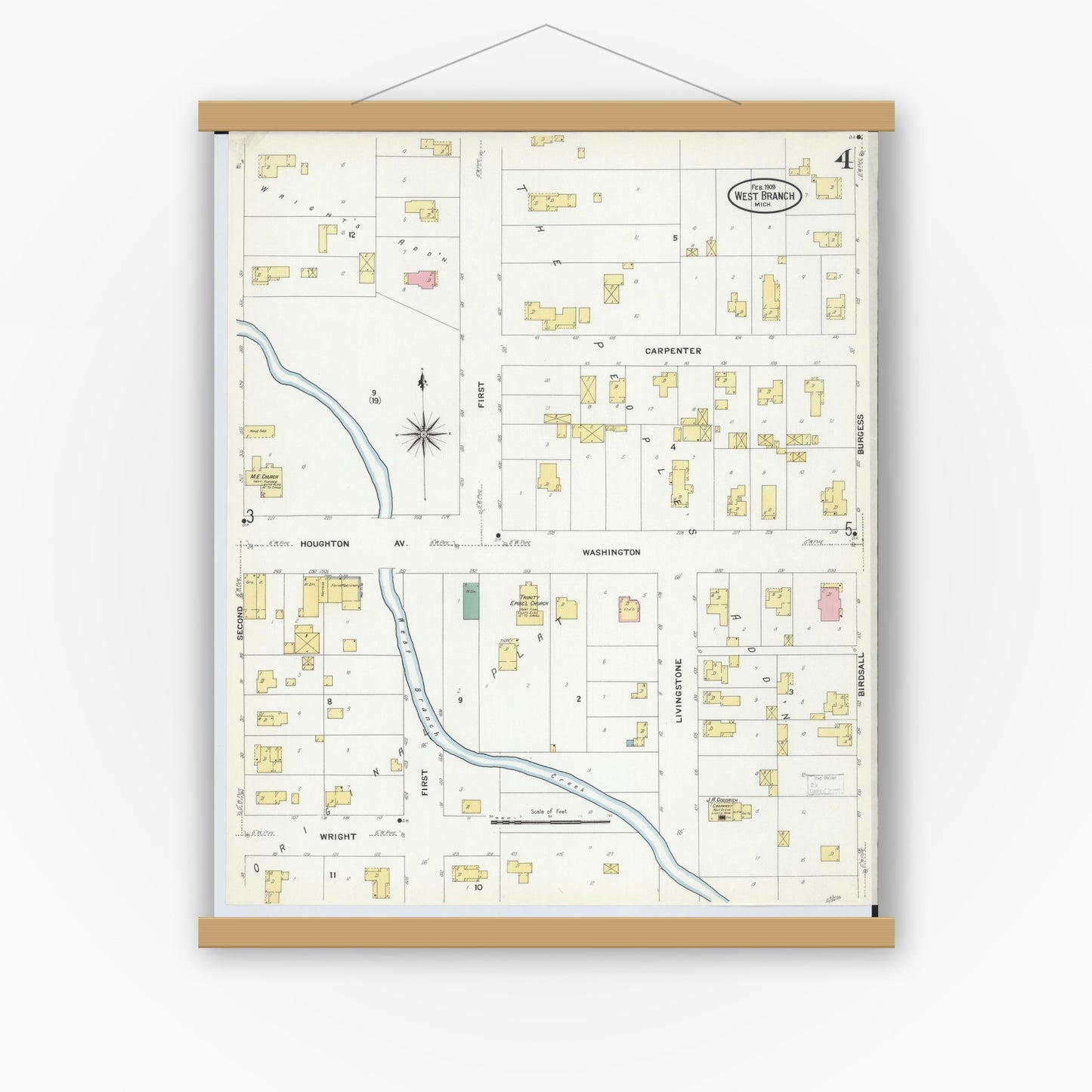 Old map wall art mockup — magnetic wood frame on white wall — Sanborn Fire Insurance Map from West Branch, Ogemaw County, Michigan (1909), Sheet #0004