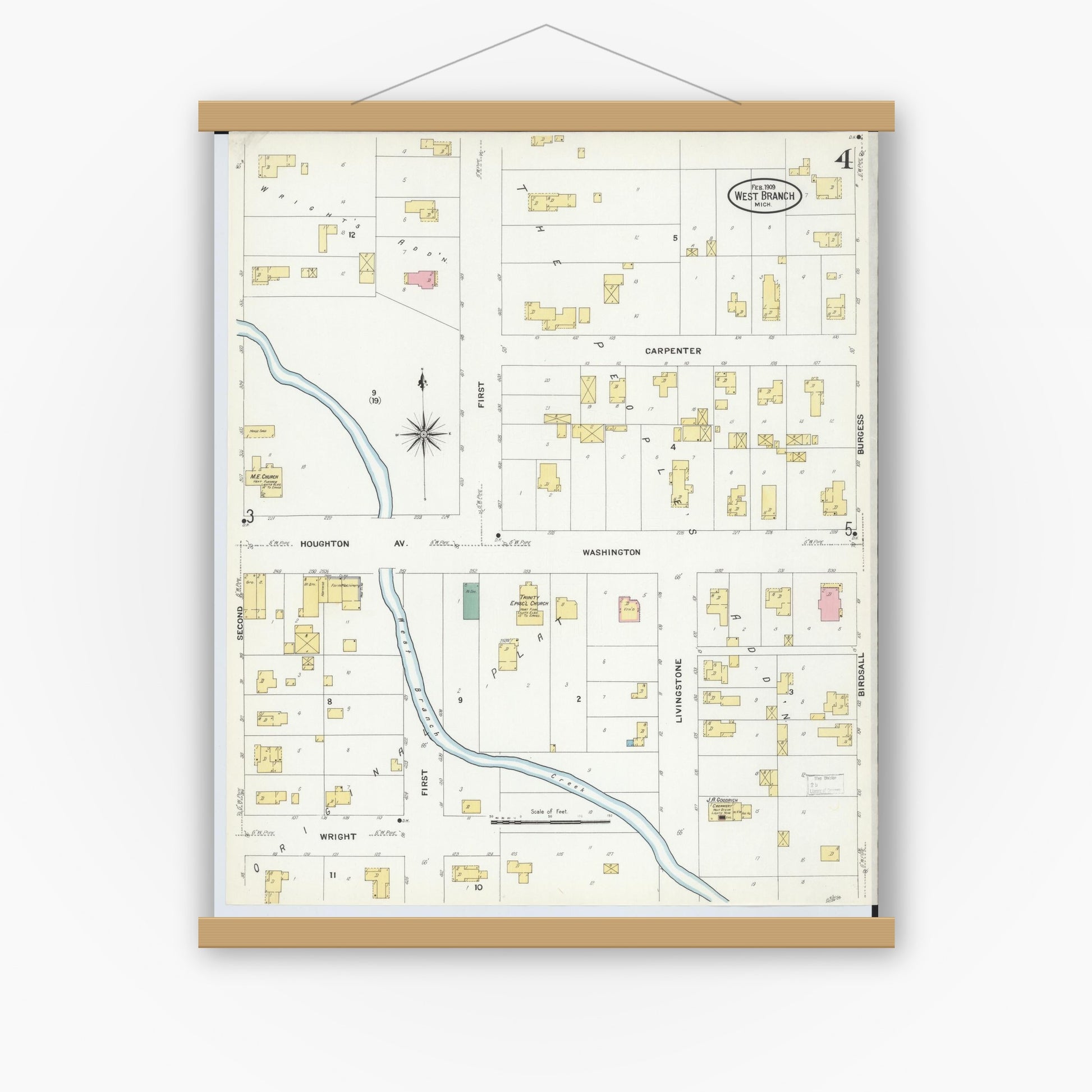 Old map wall art mockup — magnetic wood frame on white wall — Sanborn Fire Insurance Map from West Branch, Ogemaw County, Michigan (1909), Sheet #0004