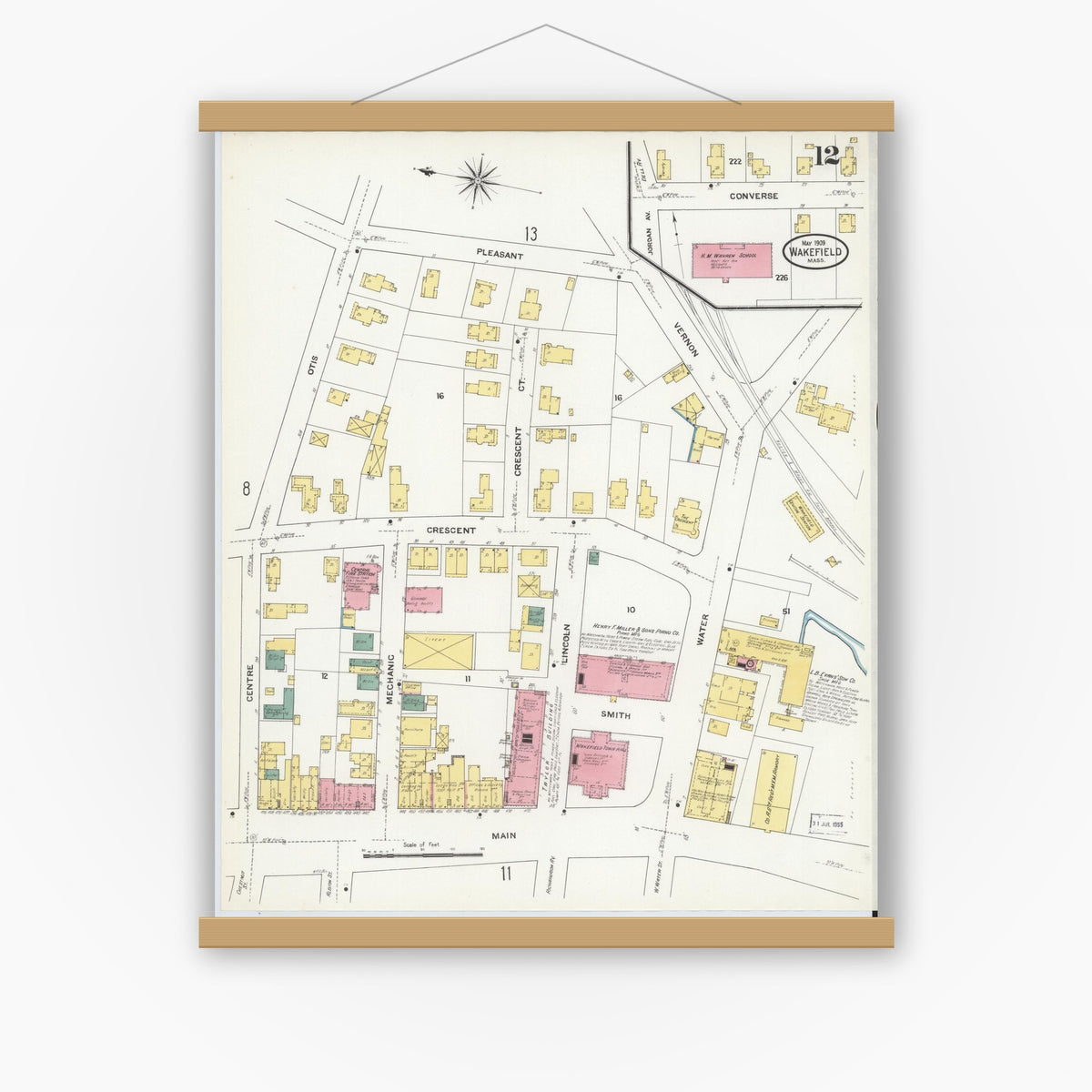 Old map wall art mockup — magnetic wood frame on white wall — Sanborn Fire Insurance Map from Wakefield, Middlesex County, Massachusetts (1909), Sheet #0012