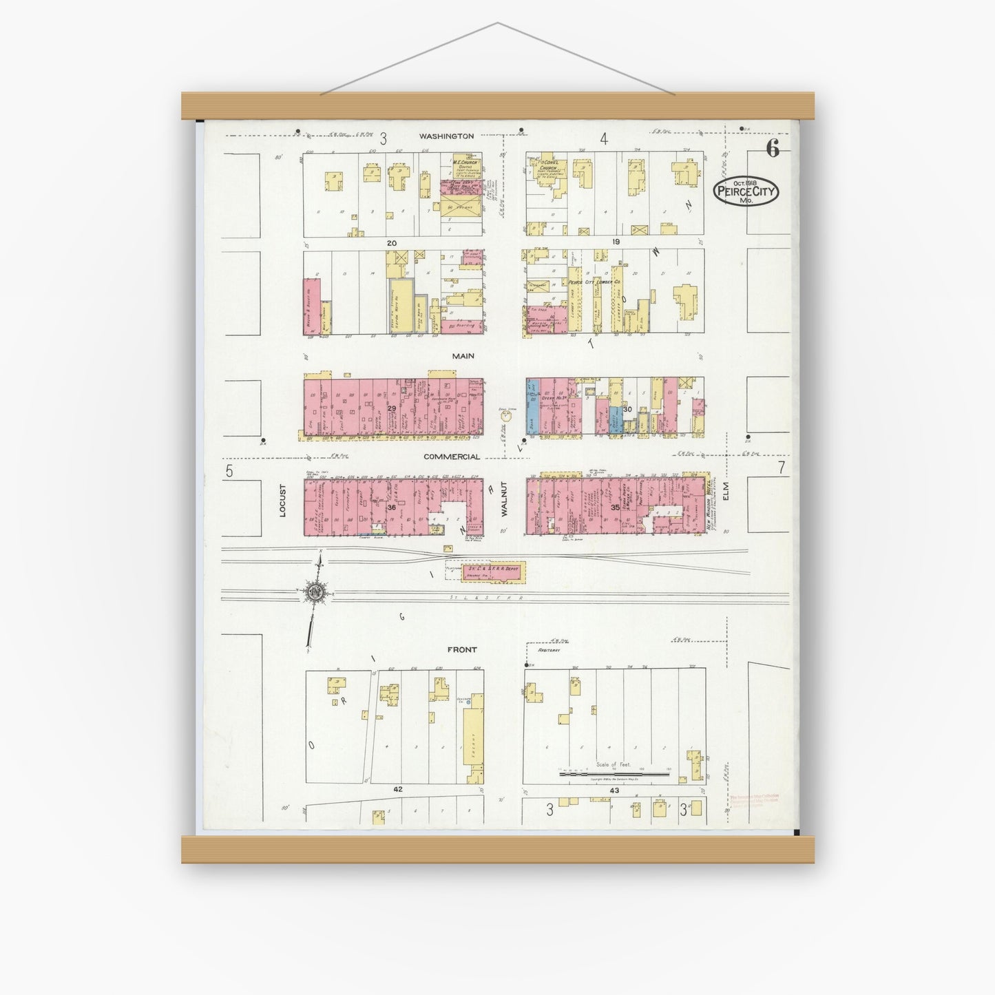 Old map wall art mockup — magnetic wood frame on white wall — Sanborn Fire Insurance Map from Pierce City, Lawrence County, Missouri (1918), Sheet #0006