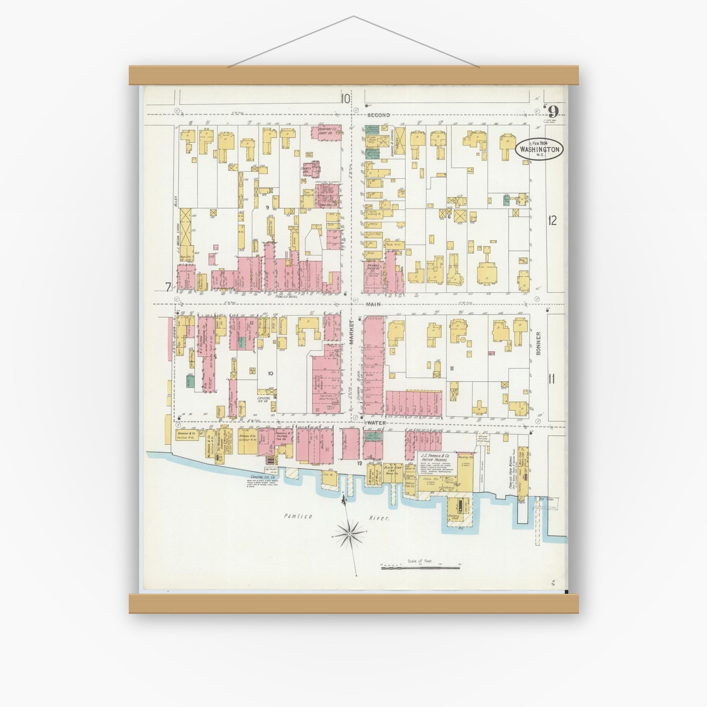 Old map wall art mockup — magnetic wood frame on white wall — Sanborn Fire Insurance Map from Washington, Beaufort County, North Carolina (1904), Sheet #0009