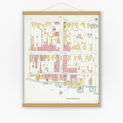 Old map wall art mockup — magnetic wood frame on white wall — Sanborn Fire Insurance Map from Washington, Beaufort County, North Carolina (1904), Sheet #0009