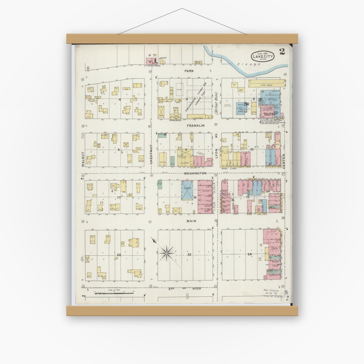 Old map wall art mockup — magnetic wood frame on white wall — Sanborn Fire Insurance Map from Lake City, Wabasha County, Minnesota (1894), Sheet #0002