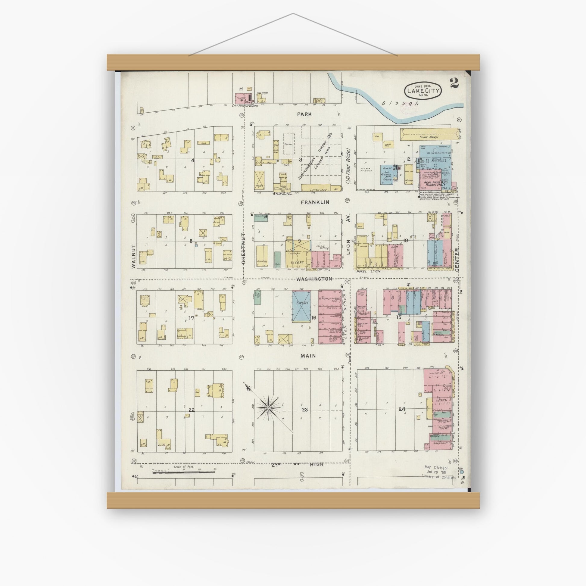 Old map wall art mockup — magnetic wood frame on white wall — Sanborn Fire Insurance Map from Lake City, Wabasha County, Minnesota (1894), Sheet #0002