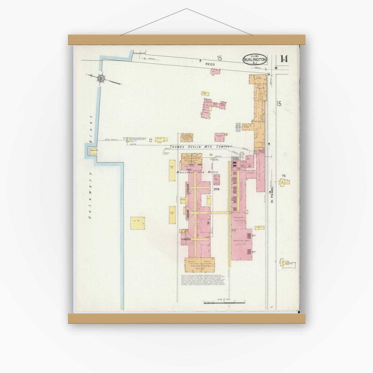 Old map wall art mockup — magnetic wood frame on white wall — Sanborn Fire Insurance Map from Burlington, Burlington County, New Jersey (1915), Sheet #0014