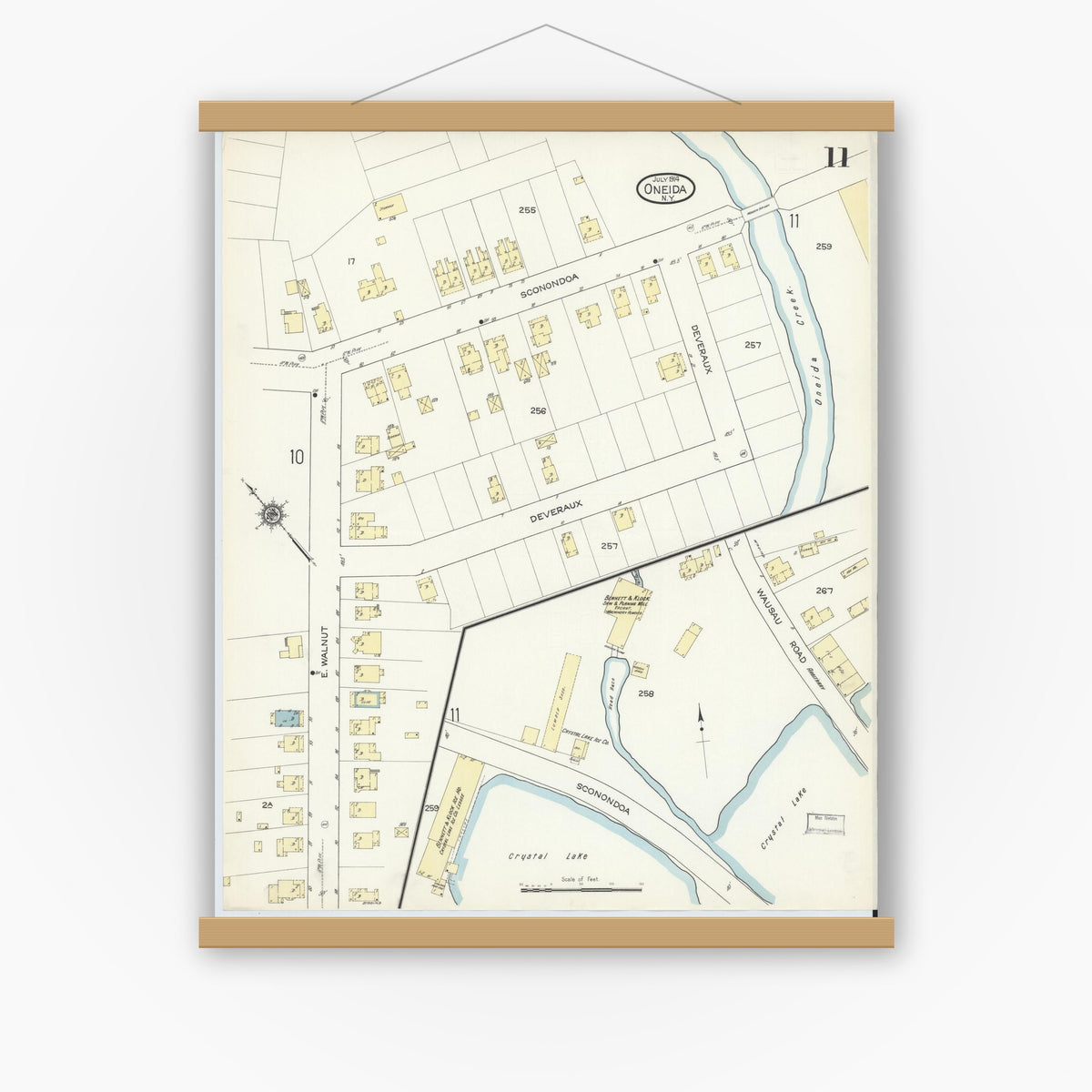 Old map wall art mockup — magnetic wood frame on white wall — Sanborn Fire Insurance Map from Oneida, Madison County, New York (1914), Sheet #0011