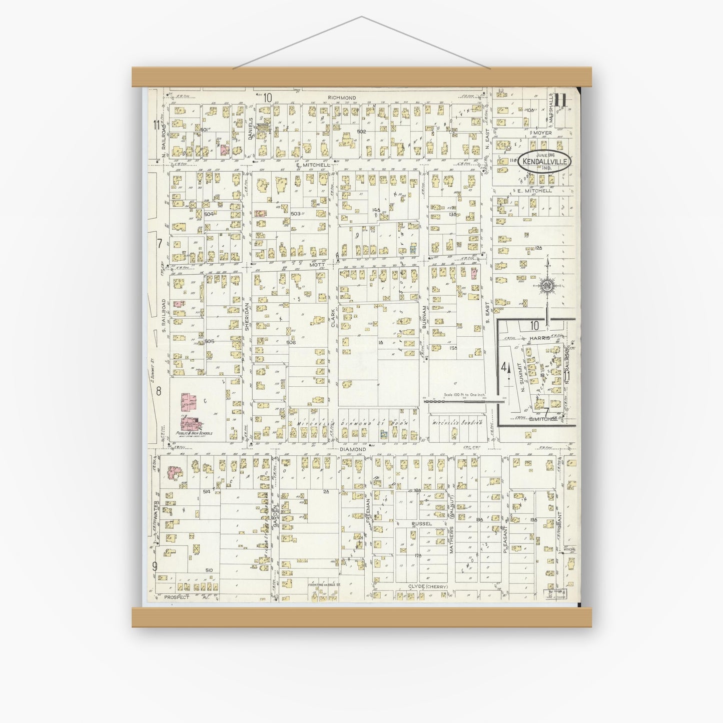 Old map wall art mockup — magnetic wood frame on white wall — Sanborn Fire Insurance Map from Kendallville, Noble County, Indiana (1914), Sheet #0011