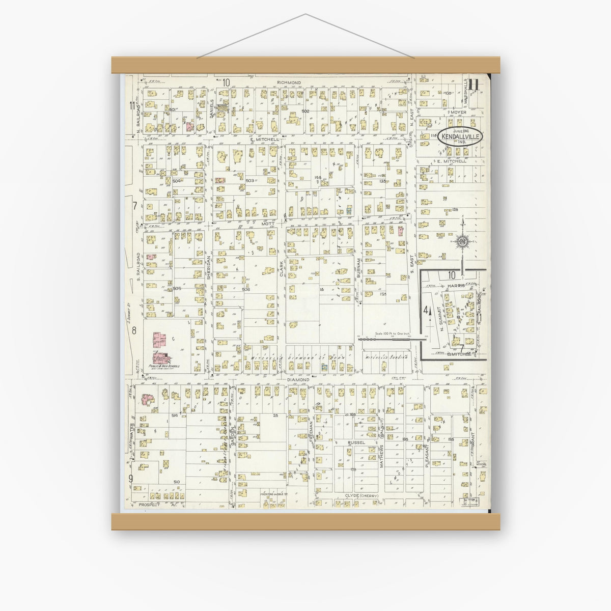 Old map wall art mockup — magnetic wood frame on white wall — Sanborn Fire Insurance Map from Kendallville, Noble County, Indiana (1914), Sheet #0011