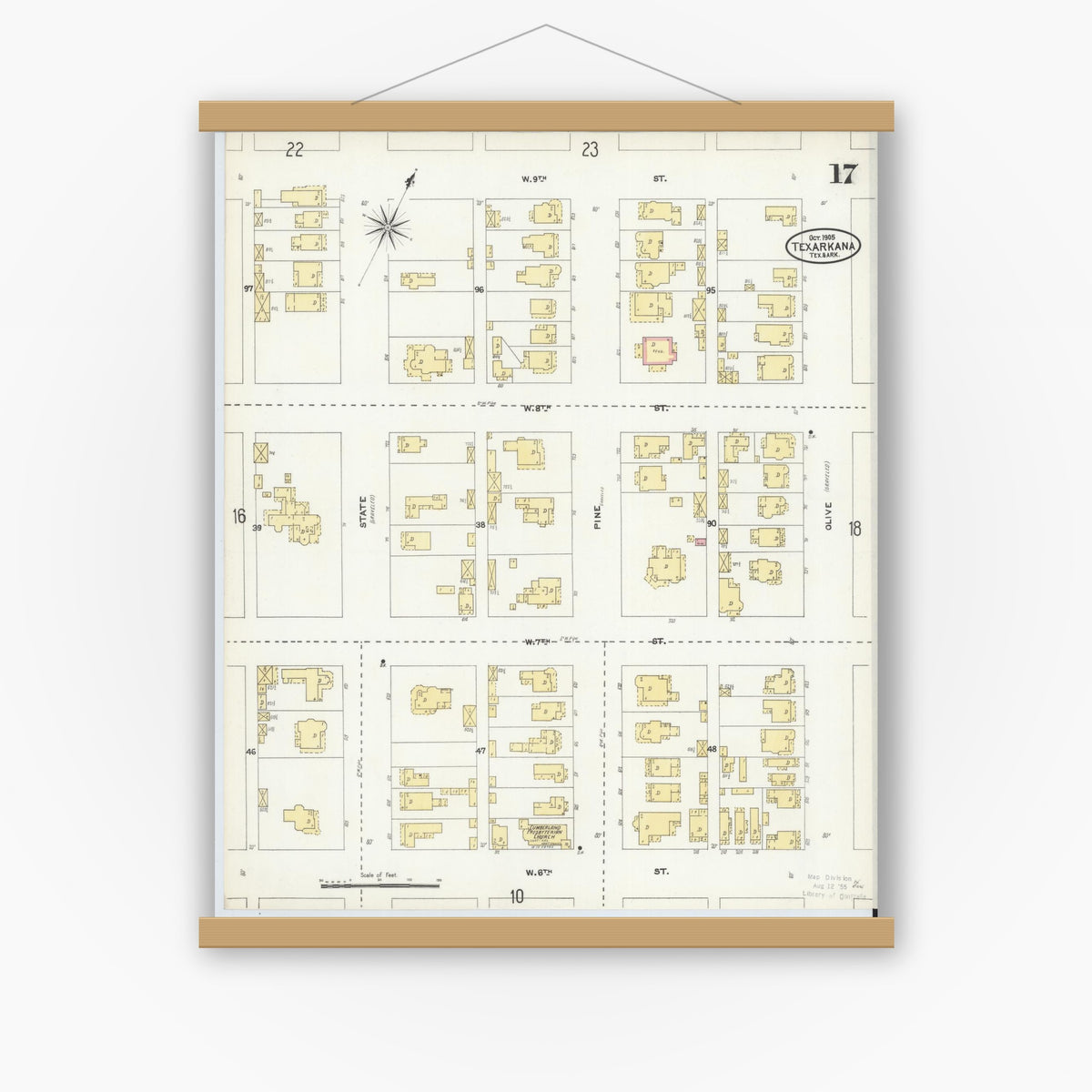 Old map wall art mockup — magnetic wood frame on white wall — Sanborn Fire Insurance Map from Texarkana, Bowie County, Texas (1905), Sheet #0017