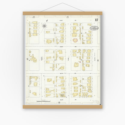 Old map wall art mockup — magnetic wood frame on white wall — Sanborn Fire Insurance Map from Texarkana, Bowie County, Texas (1905), Sheet #0017