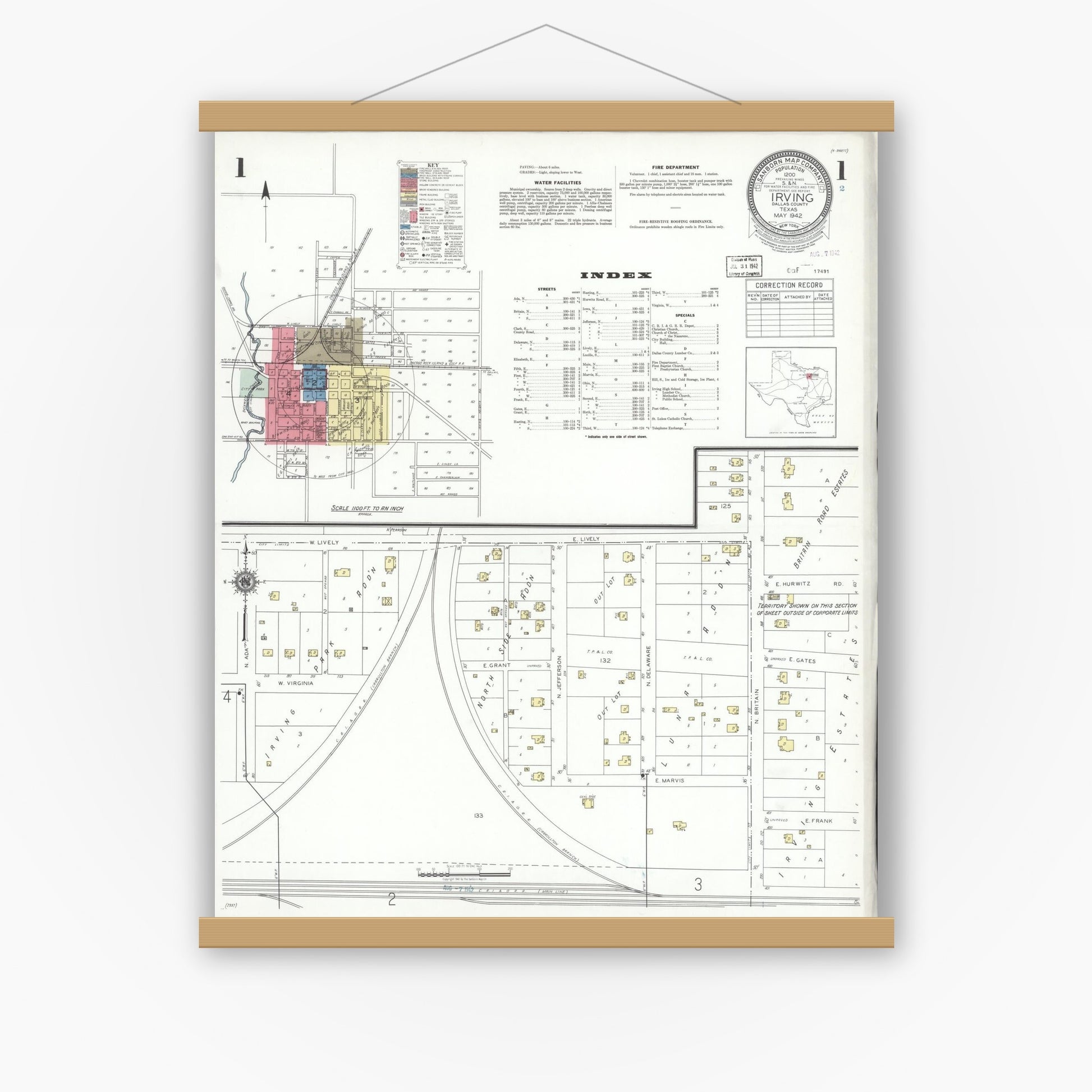 Old map wall art mockup — magnetic wood frame on white wall — Sanborn Fire Insurance Map from Irving, Dallas County, Texas (1942), Sheet #0001
