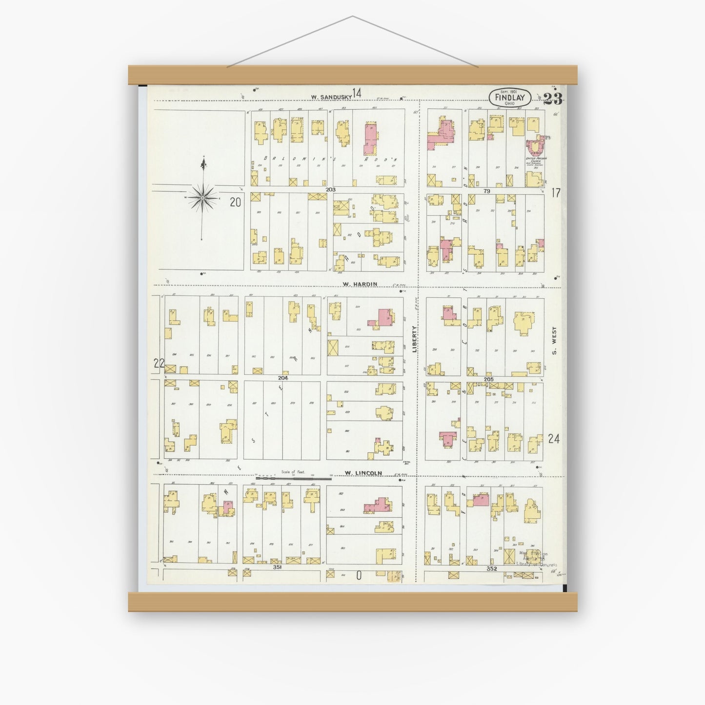 Old map wall art mockup — magnetic wood frame on white wall — Sanborn Fire Insurance Map from Findlay, Hancock County, Ohio (1901), Sheet #0023