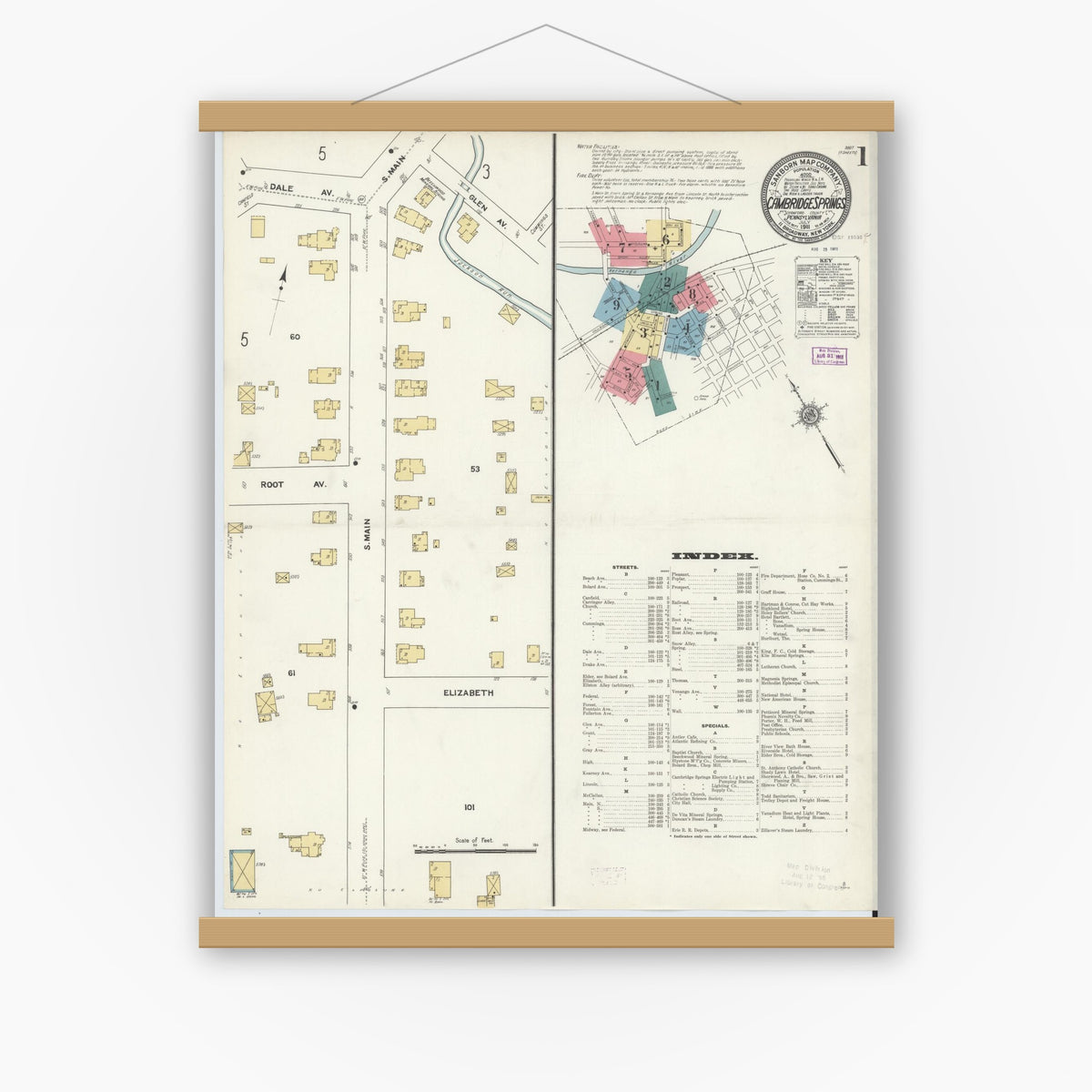Old map wall art mockup — magnetic wood frame on white wall — Sanborn Fire Insurance Map from Cambridge Springs, Crawford County, Pennsylvania (1911) - Complete Map Set