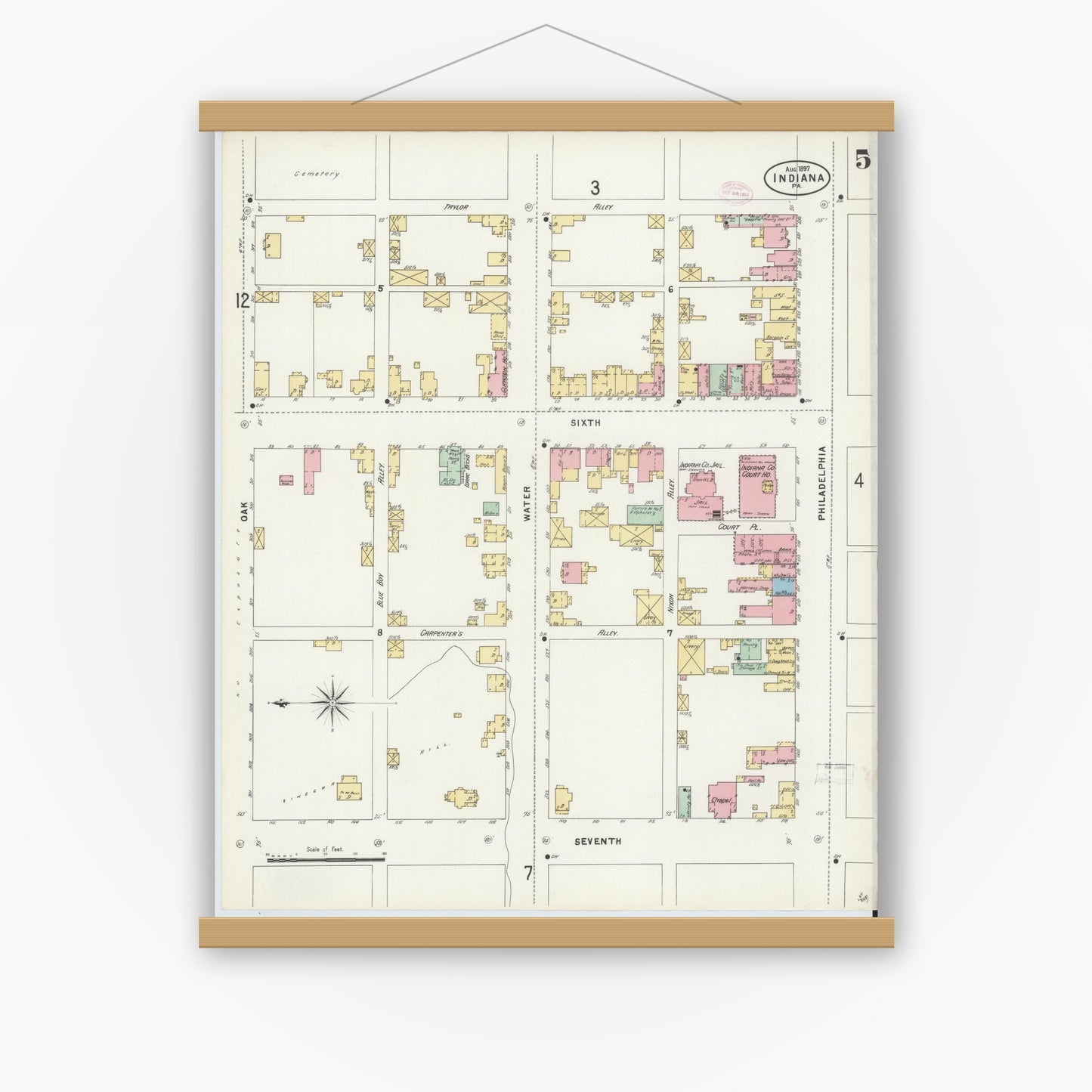 Old map wall art mockup — magnetic wood frame on white wall — Sanborn Fire Insurance Map from Indiana, Indiana County, Pennsylvania (1888), Sheet #0005